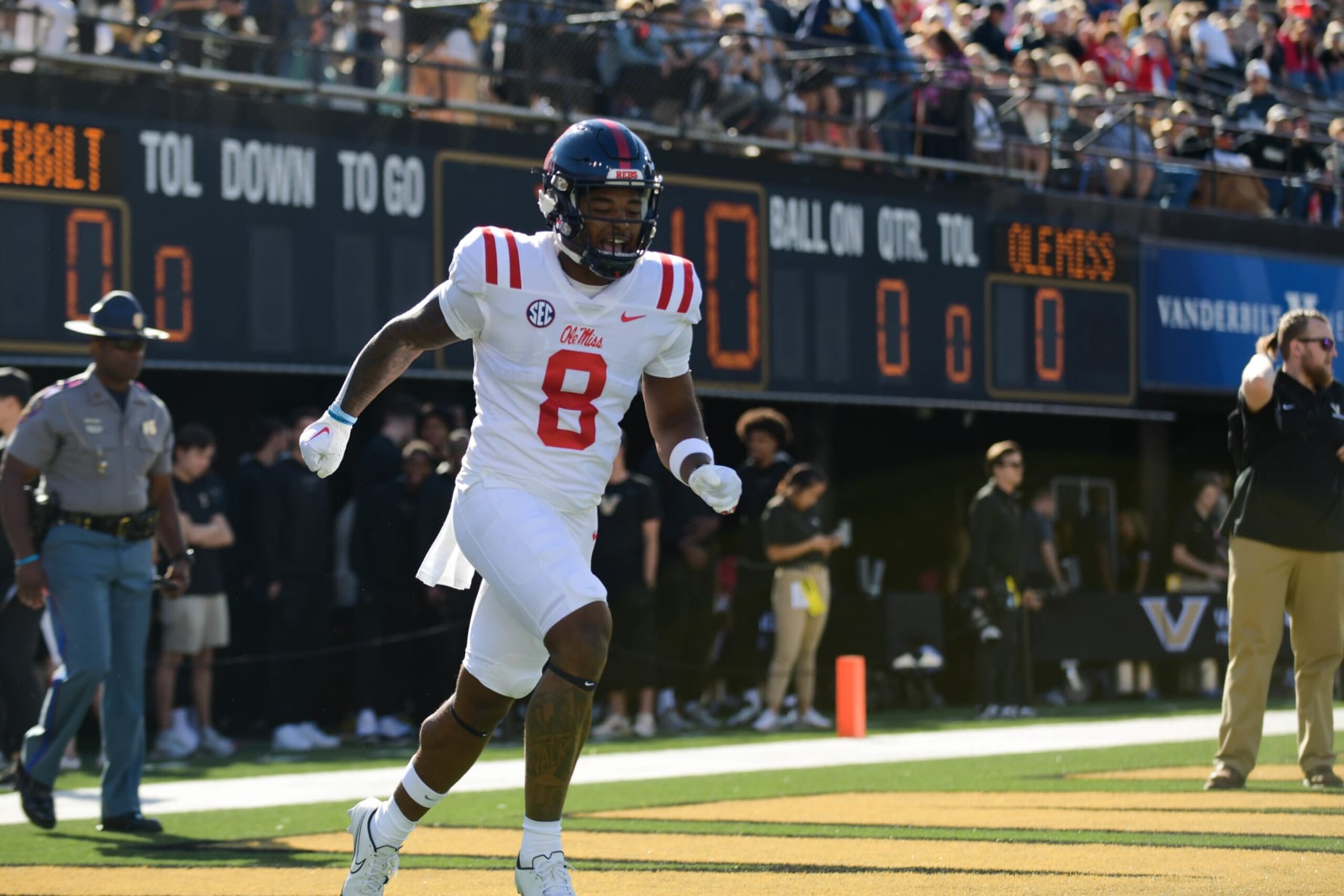 NASHVILLE, TENNESSEE - OCTOBER 8: Malik Heath #8 of the Ole Miss Rebels runs out pregame against the Vanderbilt Commodores at Vanderbilt Stadium on October 8, 2022 in Nashville, Tennessee. (Photo by Carly Mackler/Getty Images) NASHVILLE, TENNESSEE - OCTOBER 8: Malik Heath #8 of the Ole Miss Rebels runs out pregame against the Vanderbilt Commodores at Vanderbilt Stadium on October 8, 2022 in Nashville, Tennessee. (Photo by Carly Mackler/Getty Images)