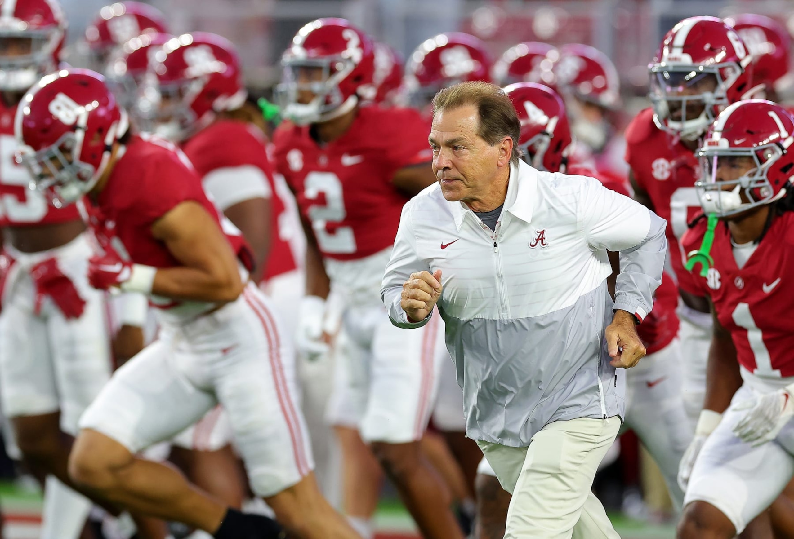 TUSCALOOSA, ALABAMA - OCTOBER 08: Head coach Nick Saban of the Alabama Crimson Tide leads the team onto the field prior to facing the Texas A&M Aggies at Bryant-Denny Stadium on October 08, 2022 in Tuscaloosa, Alabama. (Photo by Kevin C. Cox/Getty Images) TUSCALOOSA, ALABAMA - OCTOBER 08: Head coach Nick Saban of the Alabama Crimson Tide leads the team onto the field prior to facing the Texas A&M Aggies at Bryant-Denny Stadium on October 08, 2022 in Tuscaloosa, Alabama. (Photo by Kevin C. Cox/Getty Images)