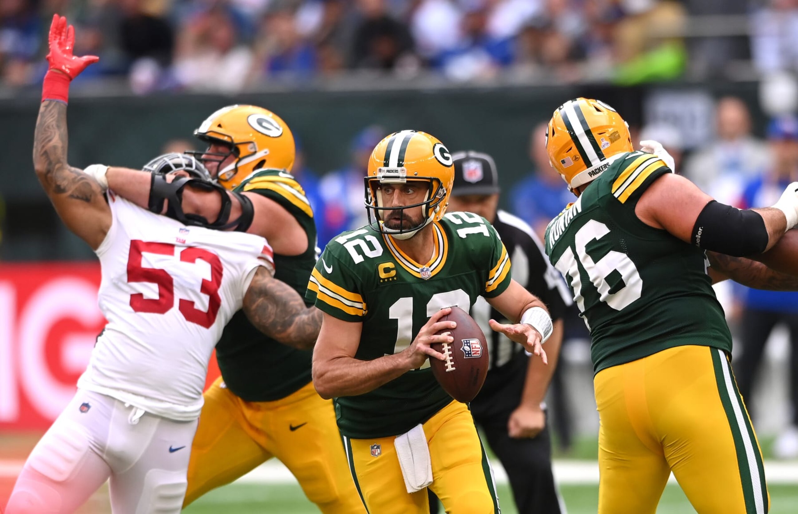 LONDON, ENGLAND - OCTOBER 09: Aaron Rodgers #12 of the Green Bay Packers in action during the NFL match between New York Giants and Green Bay Packers at Tottenham Hotspur Stadium on October 09, 2022 in London, England. (Photo by Stu Forster/Getty Images)