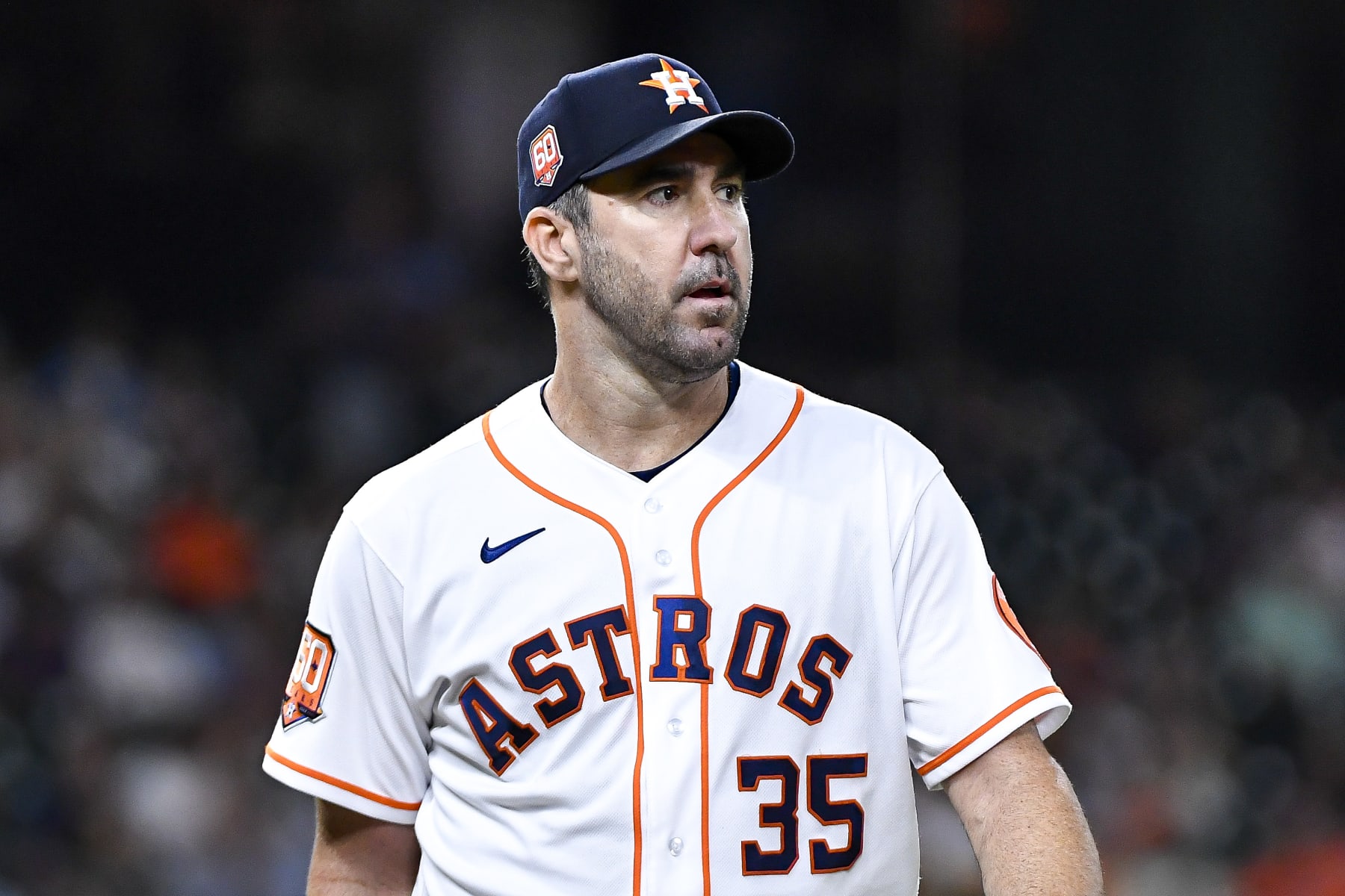 HOUSTON, TEXAS - OCTOBER 04: Justin Verlander #35 of the Houston Astros walks to the dugout at the end of the first inning during the game against the Philadelphia Phillies at Minute Maid Park on October 04, 2022 in Houston, Texas. (Photo by Logan Riely/Getty Images)