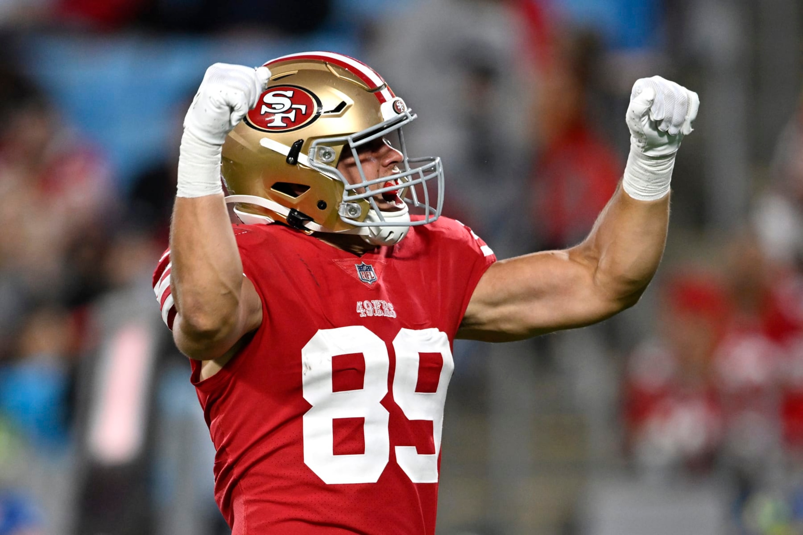 CHARLOTTE, NORTH CAROLINA - OCTOBER 09: Charlie Woerner #89 of the San Francisco 49ers celebrates after a tackle during the fourth quarter of the game against the Carolina Panthers at Bank of America Stadium on October 09, 2022 in Charlotte, North Carolina. (Photo by Eakin Howard/Getty Images) CHARLOTTE, NORTH CAROLINA - OCTOBER 09: Charlie Woerner #89 of the San Francisco 49ers celebrates after a tackle during the fourth quarter of the game against the Carolina Panthers at Bank of America Stadium on October 09, 2022 in Charlotte, North Carolina. (Photo by Eakin Howard/Getty Images)