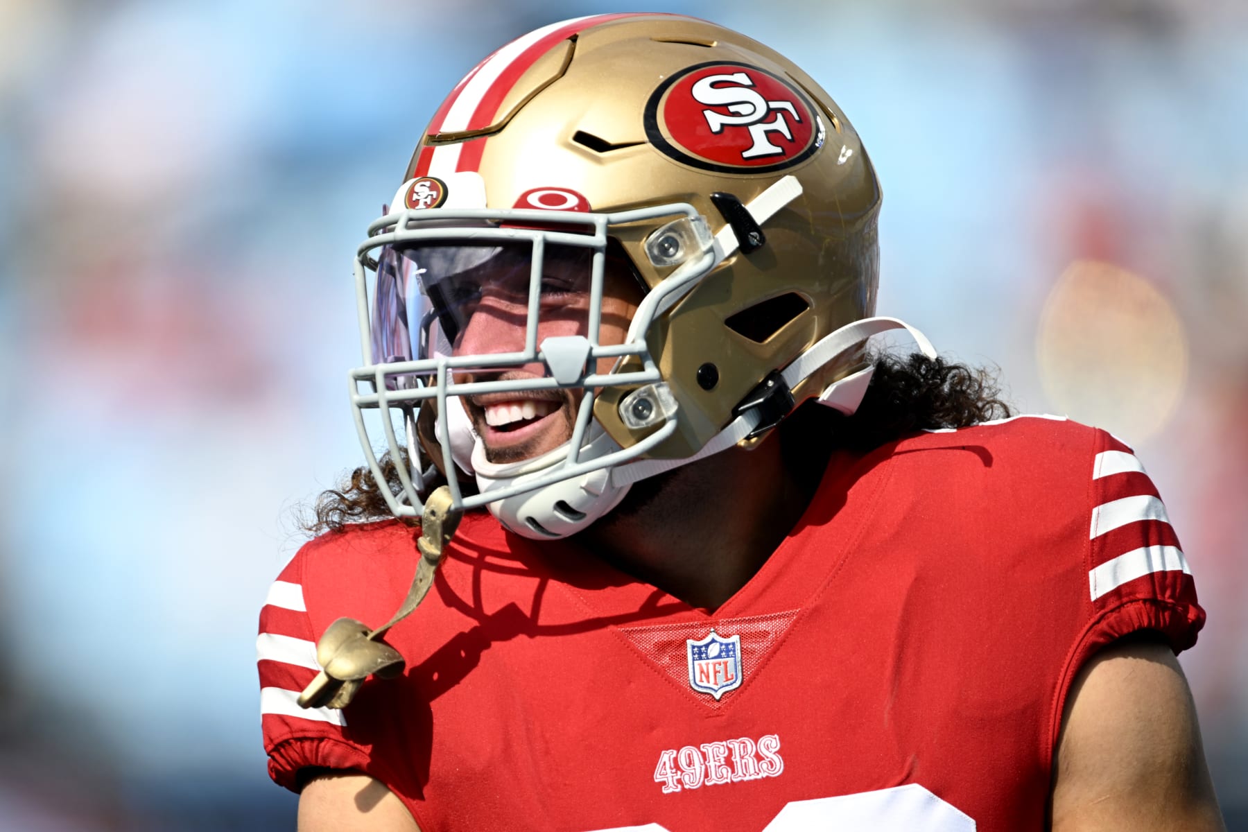 CHARLOTTE, NORTH CAROLINA - OCTOBER 09: Talanoa Hufanga #29 of the San Francisco 49ers reacts during warm-ups before the game against the Carolina Panthers at Bank of America Stadium on October 09, 2022 in Charlotte, North Carolina. (Photo by Eakin Howard/Getty Images)