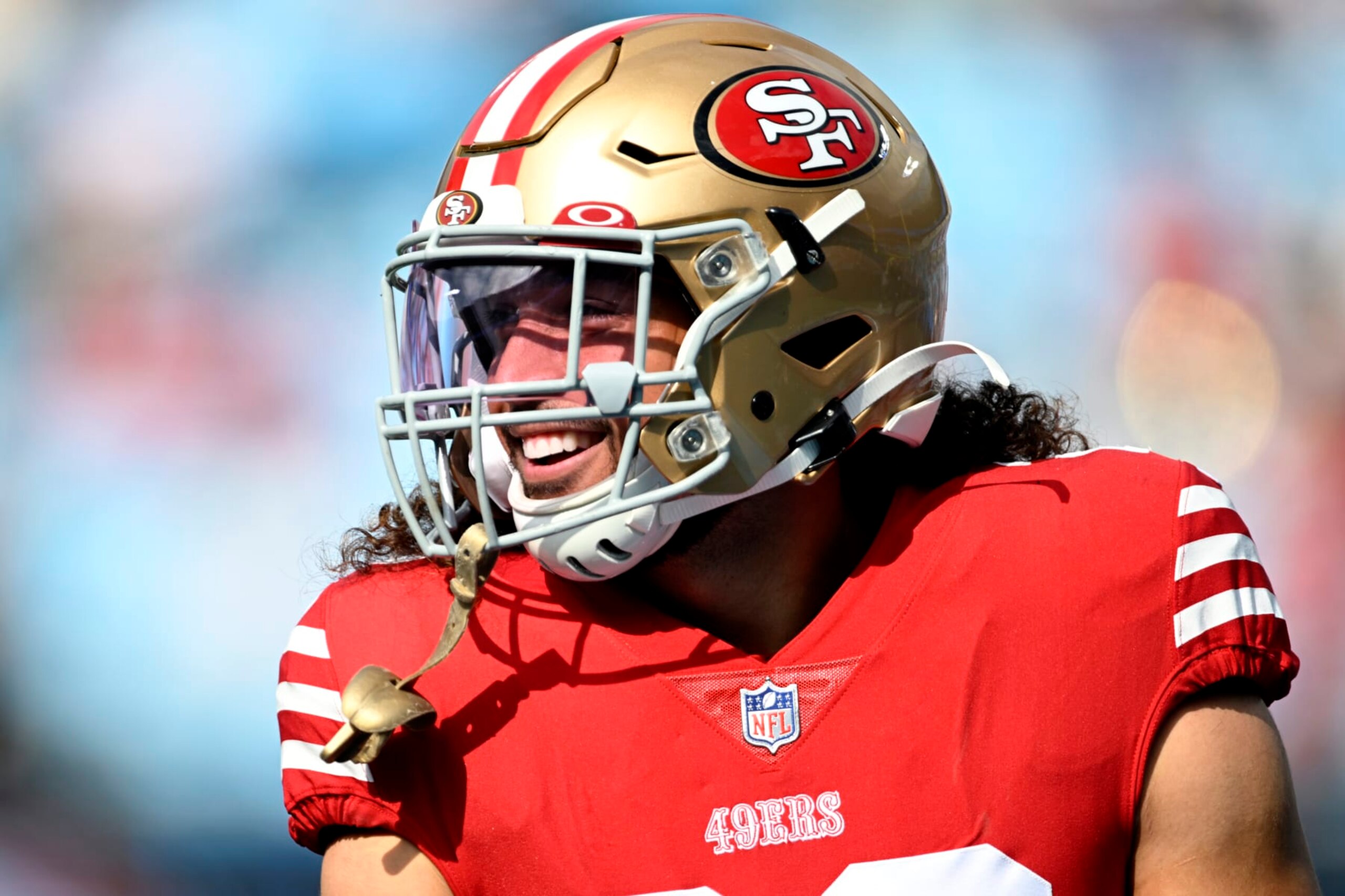 CHARLOTTE, NORTH CAROLINA - OCTOBER 09: Talanoa Hufanga #29 of the San Francisco 49ers reacts during warm-ups before the game against the Carolina Panthers at Bank of America Stadium on October 09, 2022 in Charlotte, North Carolina. (Photo by Eakin Howard/Getty Images) CHARLOTTE, NORTH CAROLINA - OCTOBER 09: Talanoa Hufanga #29 of the San Francisco 49ers reacts during warm-ups before the game against the Carolina Panthers at Bank of America Stadium on October 09, 2022 in Charlotte, North Carolina. (Photo by Eakin Howard/Getty Images)