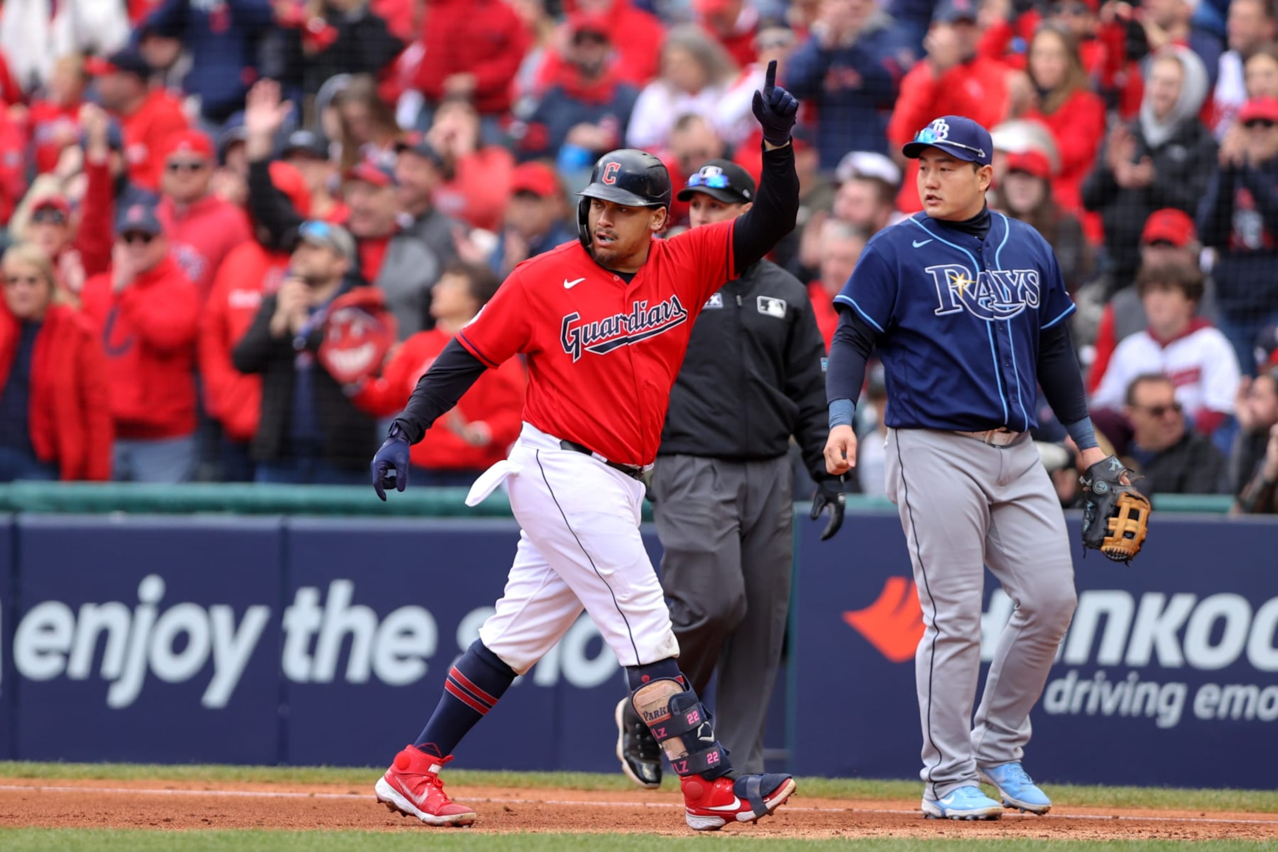 CLEVELAND, OH - OCTOBER 08: Cleveland Guardians first baseman Josh Naylor (22) reacts after hitting a single during the second inning of the Major League Baseball Wild Card Series Game 2 between the Tampa Bay Rays and Cleveland Guardians on October 8, 2022, at Progressive Field in Cleveland, OH. (Photo by Frank Jansky/Icon Sportswire via Getty Images)