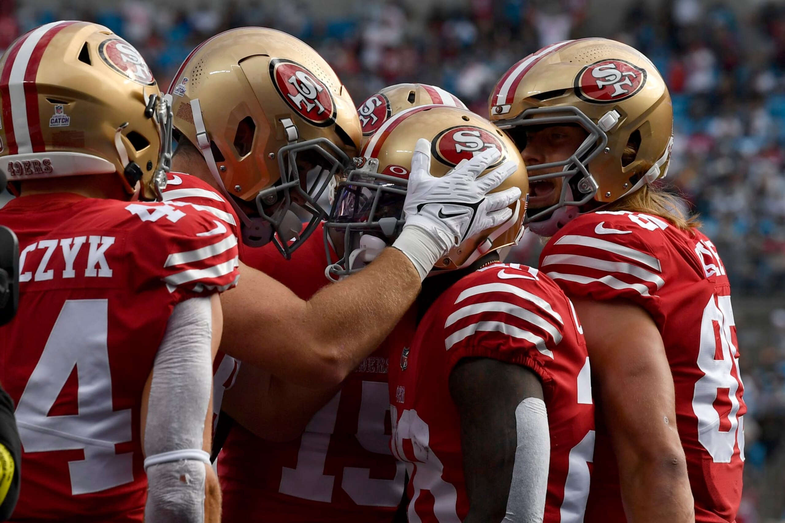 CHARLOTTE, NORTH CAROLINA - OCTOBER 09: Tevin Coleman #28 of the San Francisco 49ers celebrates a touchdown with teammates during the first half in the game against the Carolina Panthers at Bank of America Stadium on October 09, 2022 in Charlotte, North Carolina. (Photo by Mike Comer/Getty Images) CHARLOTTE, NORTH CAROLINA - OCTOBER 09: Tevin Coleman #28 of the San Francisco 49ers celebrates a touchdown with teammates during the first half in the game against the Carolina Panthers at Bank of America Stadium on October 09, 2022 in Charlotte, North Carolina. (Photo by Mike Comer/Getty Images)