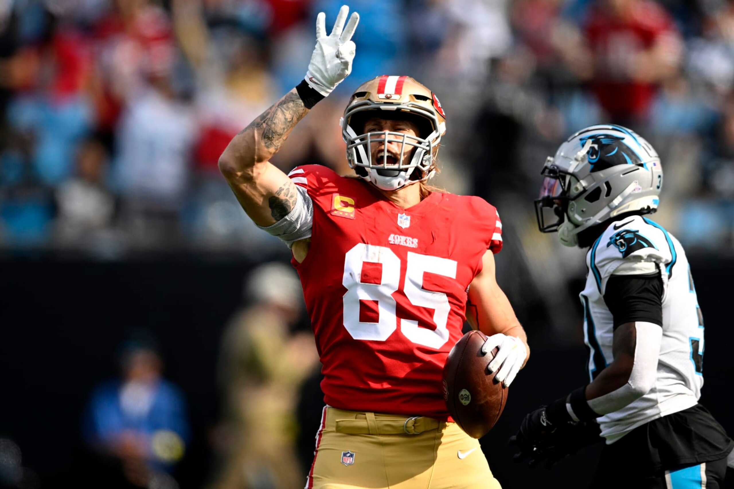 CHARLOTTE, NORTH CAROLINA - OCTOBER 09: George Kittle #85 of the San Francisco 49ers celebrates a play during the first half in the game against the Carolina Panthers at Bank of America Stadium on October 09, 2022 in Charlotte, North Carolina. (Photo by Eakin Howard/Getty Images) CHARLOTTE, NORTH CAROLINA - OCTOBER 09: George Kittle #85 of the San Francisco 49ers celebrates a play during the first half in the game against the Carolina Panthers at Bank of America Stadium on October 09, 2022 in Charlotte, North Carolina. (Photo by Eakin Howard/Getty Images)