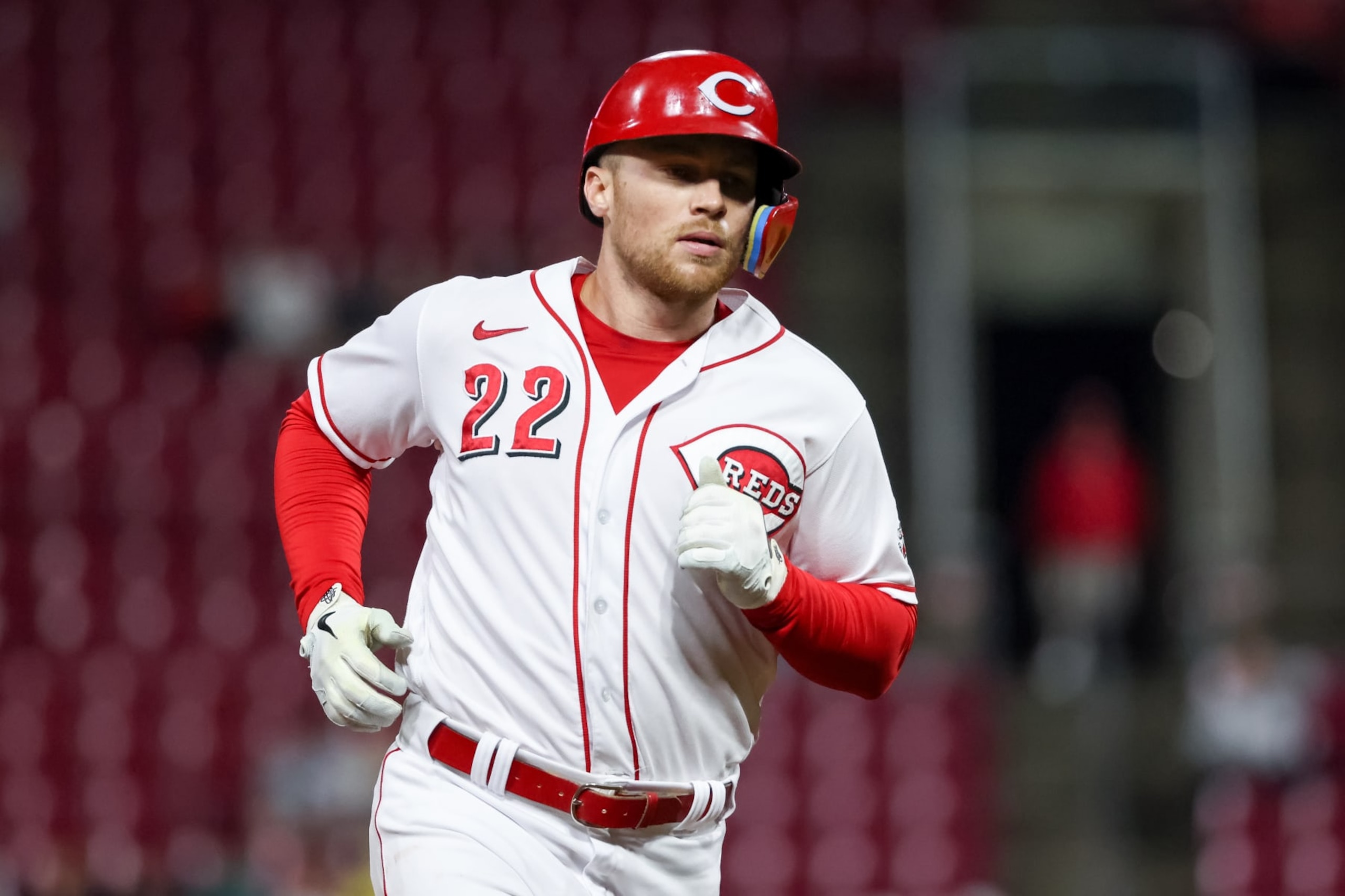 CINCINNATI, OHIO - MAY 27: Brandon Drury #22 of the Cincinnati Reds rounds the bases after hitting a home run in the fifth inning against the San Francisco Giants at Great American Ball Park on May 27, 2022 in Cincinnati, Ohio. (Photo by Dylan Buell/Getty Images)