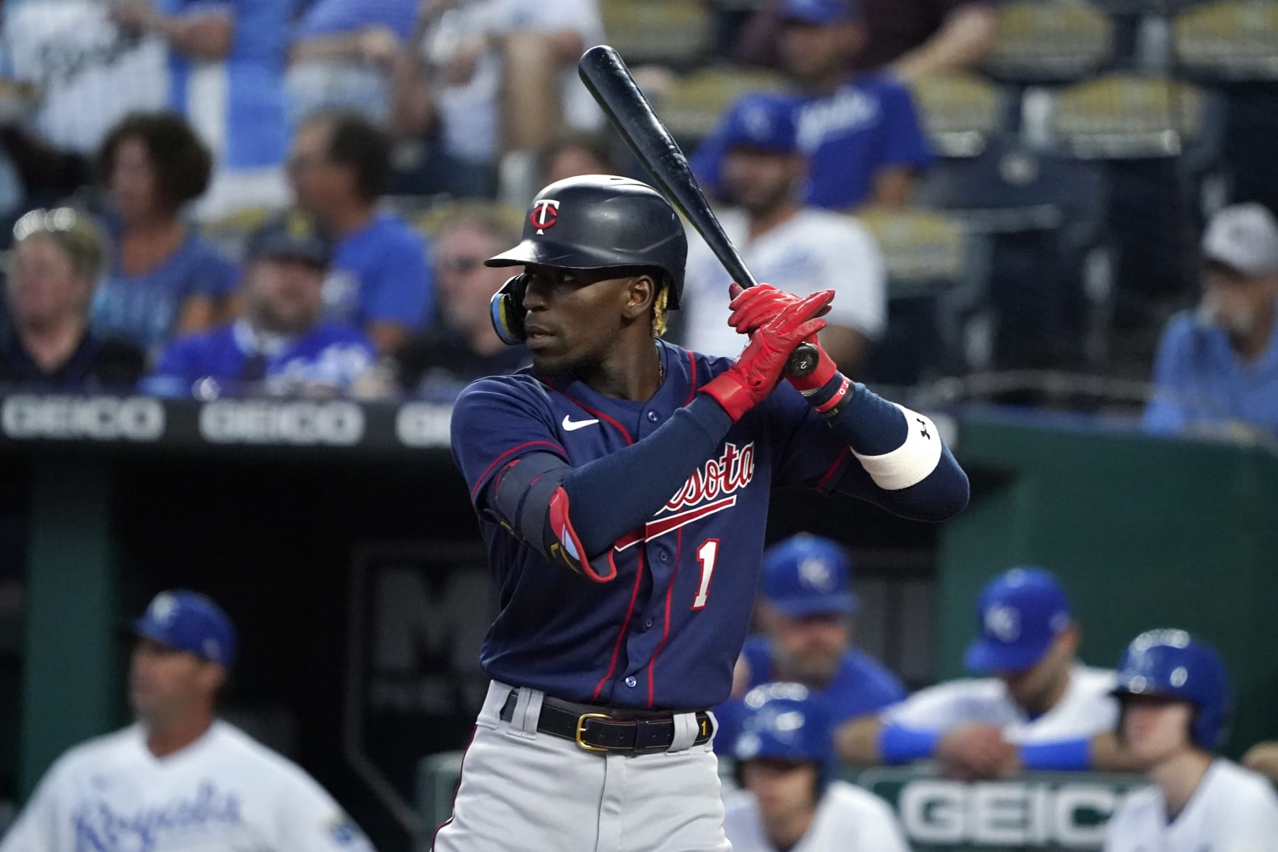 KANSAS CITY, MISSOURI - SEPTEMBER 20:  Nick Gordon #1 of the Minnesota Twins bats in the first inning against the Kansas City Royals at Kauffman Stadium on September 20, 2022 in Kansas City, Missouri. (Photo by Ed Zurga/Getty Images)