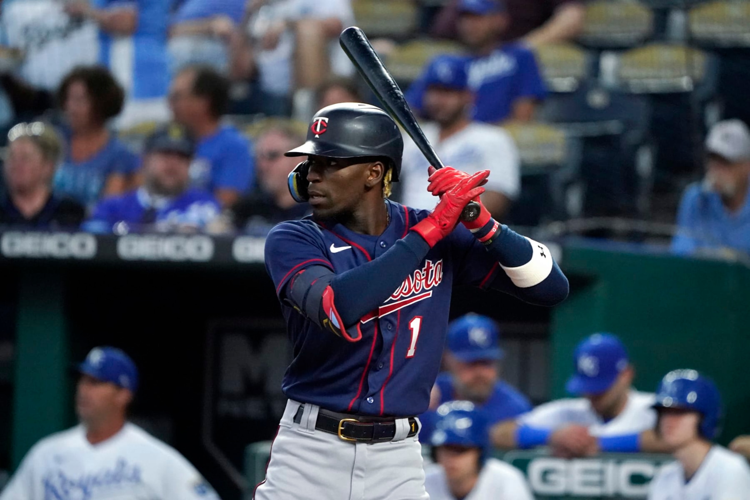 KANSAS CITY, MISSOURI - SEPTEMBER 20:  Nick Gordon #1 of the Minnesota Twins bats in the first inning against the Kansas City Royals at Kauffman Stadium on September 20, 2022 in Kansas City, Missouri. (Photo by Ed Zurga/Getty Images)