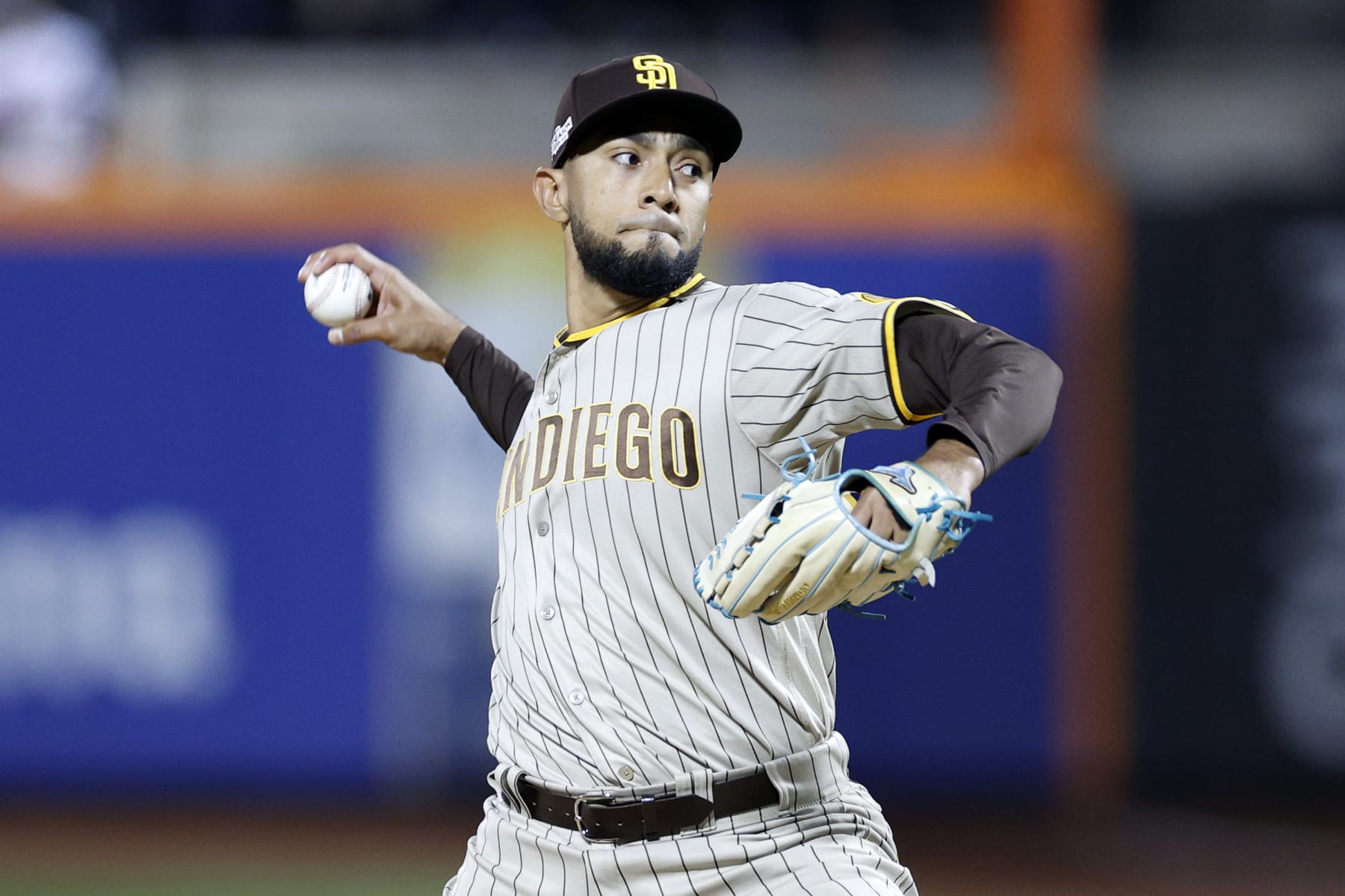 NEW YORK, NEW YORK - OCTOBER 07: Robert Suarez #75 of the San Diego Padres pitches during the eighth inning of Game One of the NL Wild Card Series against the New York Mets at Citi Field on October 07, 2022 in the Flushing neighborhood of the Queens borough of New York City. (Photo by Sarah Stier/Getty Images)