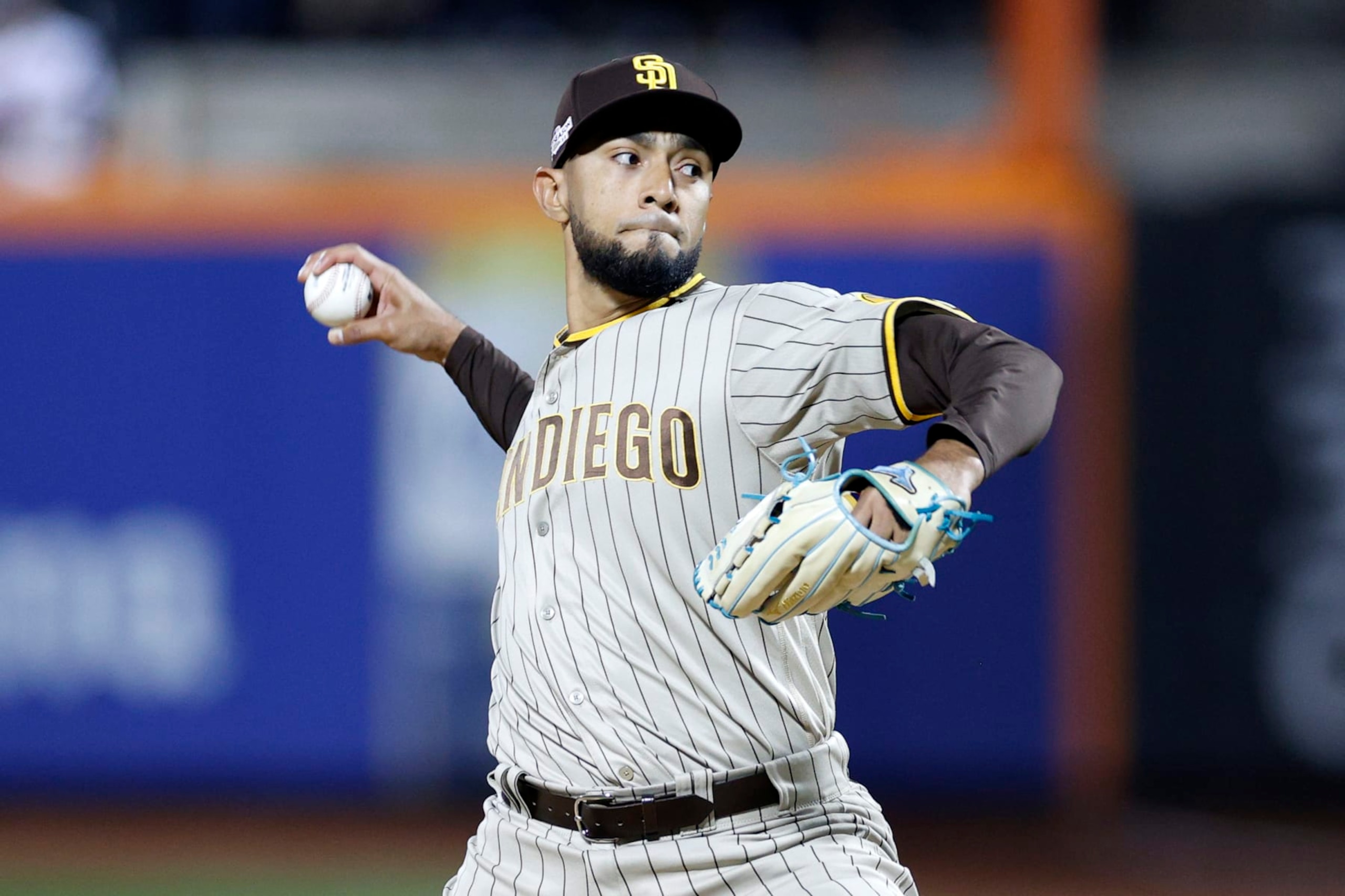 NEW YORK, NEW YORK - OCTOBER 07: Robert Suarez #75 of the San Diego Padres pitches during the eighth inning of Game One of the NL Wild Card Series against the New York Mets at Citi Field on October 07, 2022 in the Flushing neighborhood of the Queens borough of New York City. (Photo by Sarah Stier/Getty Images)