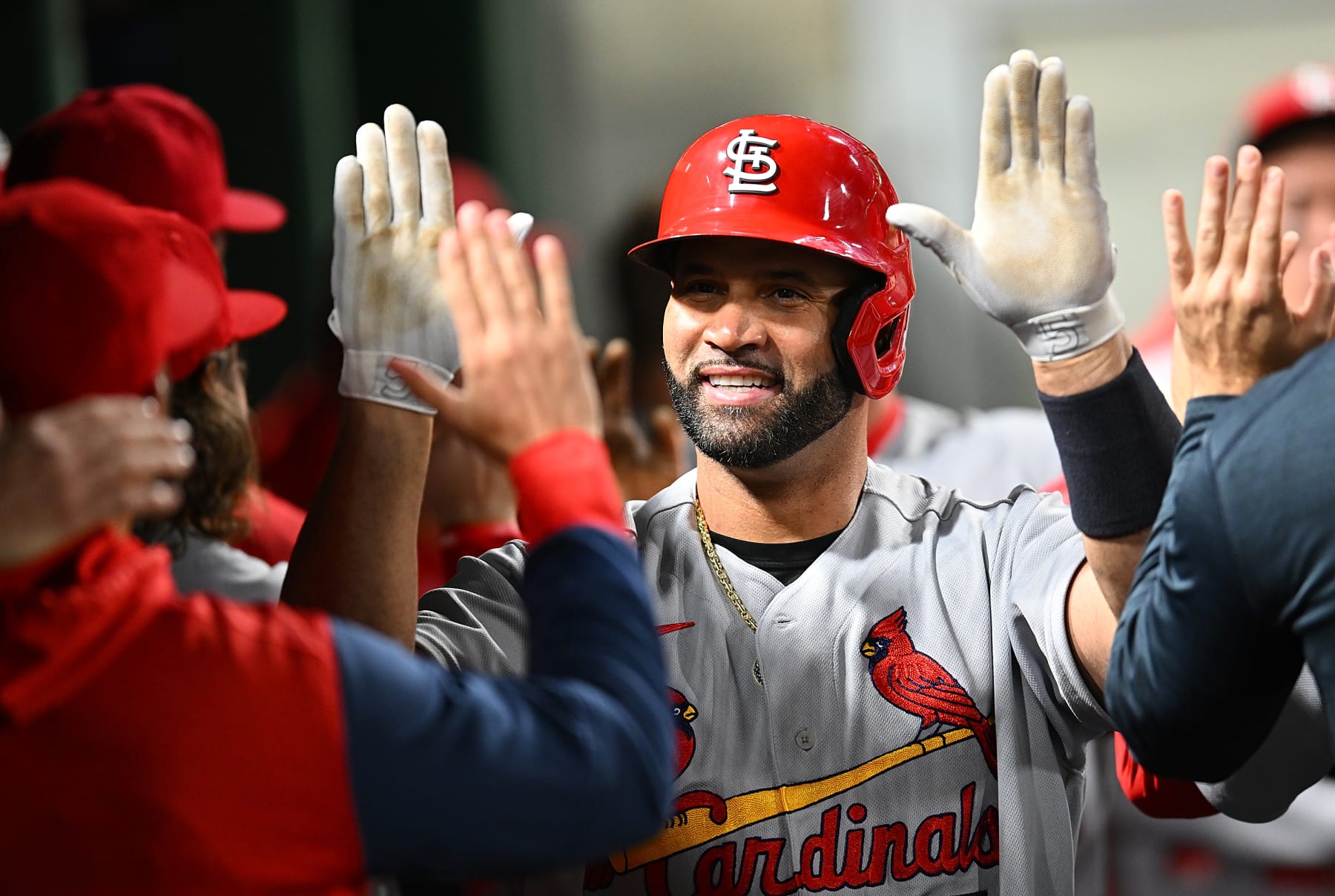 PITTSBURGH, PA - OCTOBER 03:  Albert Pujols #5 of the St. Louis Cardinals celebrates his two-run home run during the sixth inning against the Pittsburgh Pirates at PNC Park on October 3, 2022 in Pittsburgh, Pennsylvania. (Photo by Joe Sargent/Getty Images)