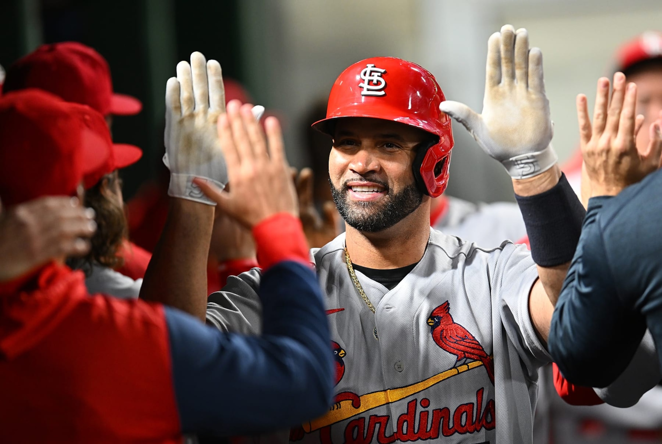 PITTSBURGH, PA - OCTOBER 03:  Albert Pujols #5 of the St. Louis Cardinals celebrates his two-run home run during the sixth inning against the Pittsburgh Pirates at PNC Park on October 3, 2022 in Pittsburgh, Pennsylvania. (Photo by Joe Sargent/Getty Images)