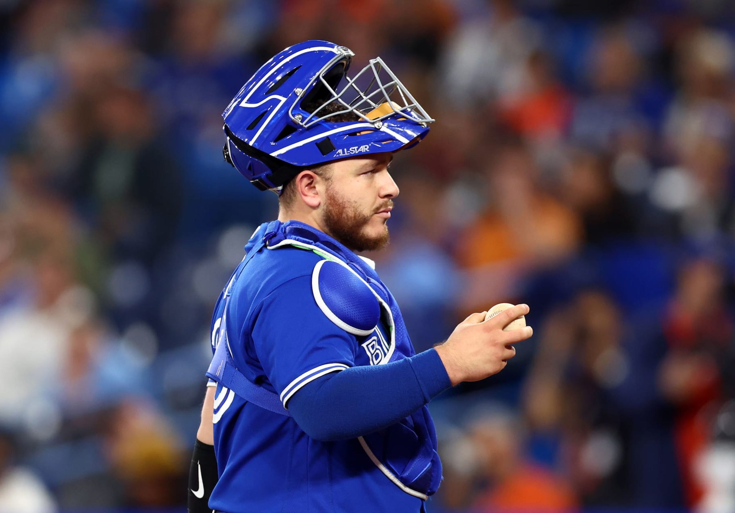 TORONTO, ON - SEPTEMBER 30:  Alejandro Kirk #30 of the Toronto Blue Jays throws the ball against the Boston Red Sox at Rogers Centre on September 30, 2022 in Toronto, Ontario, Canada.  (Photo by Vaughn Ridley/Getty Images)