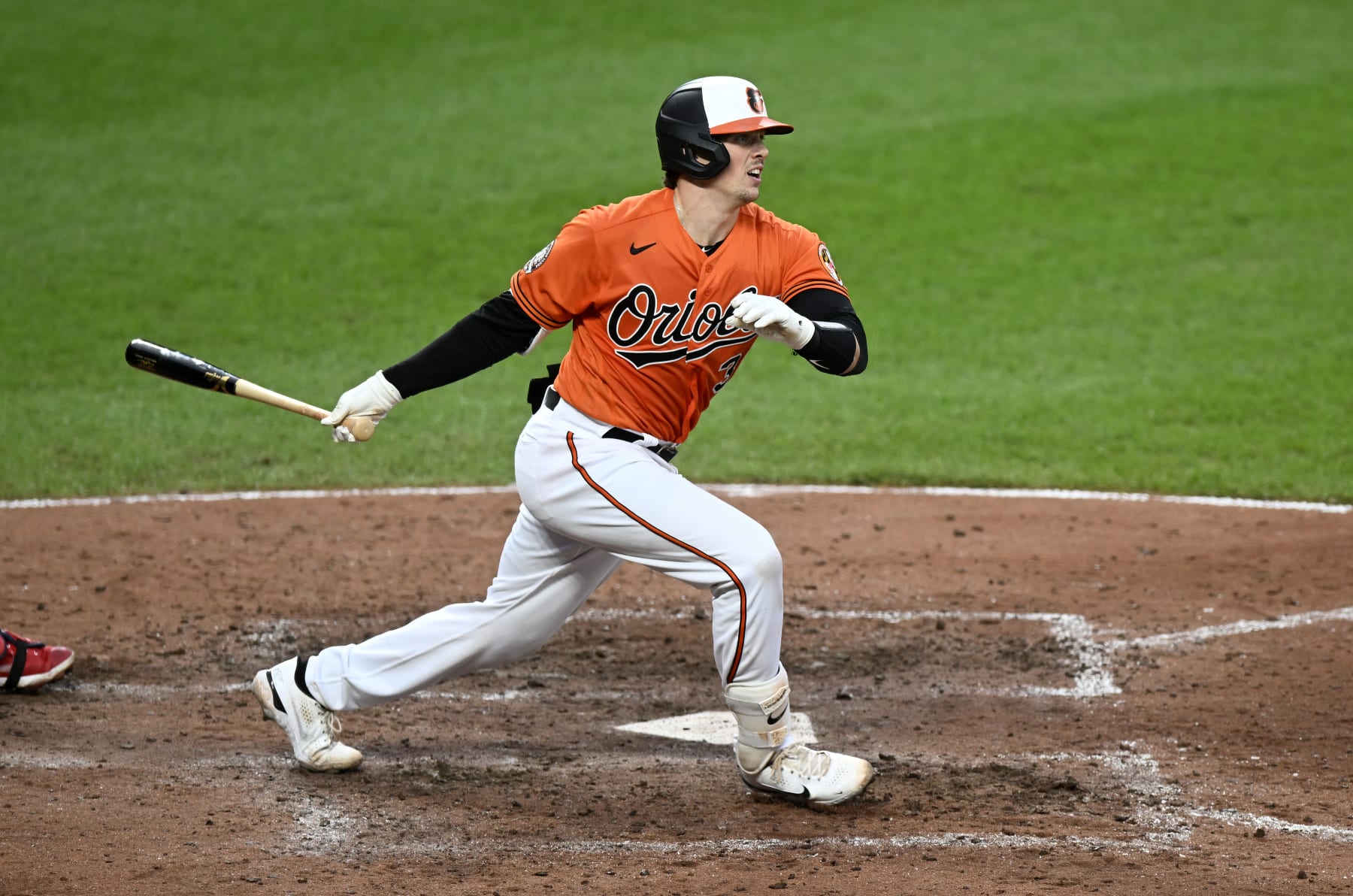 BALTIMORE, MARYLAND - SEPTEMBER 10: Adley Rutschman #35 of the Baltimore Orioles bats against the Boston Red Sox at Oriole Park at Camden Yards on September 10, 2022 in Baltimore, Maryland. (Photo by G Fiume/Getty Images)