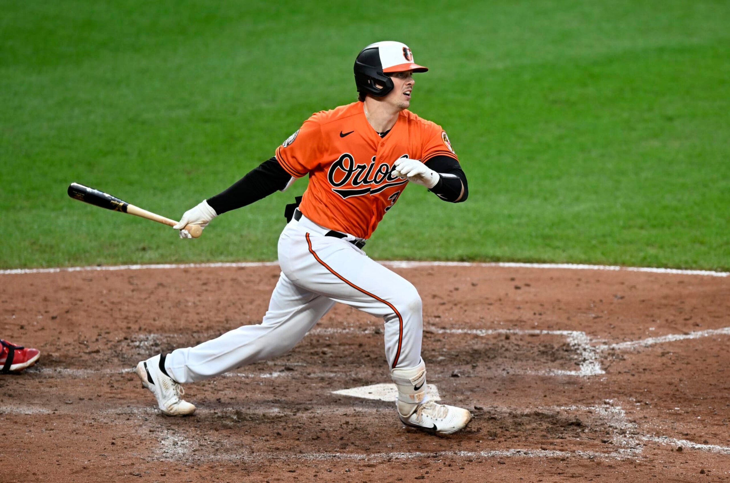 BALTIMORE, MARYLAND - SEPTEMBER 10: Adley Rutschman #35 of the Baltimore Orioles bats against the Boston Red Sox at Oriole Park at Camden Yards on September 10, 2022 in Baltimore, Maryland. (Photo by G Fiume/Getty Images)