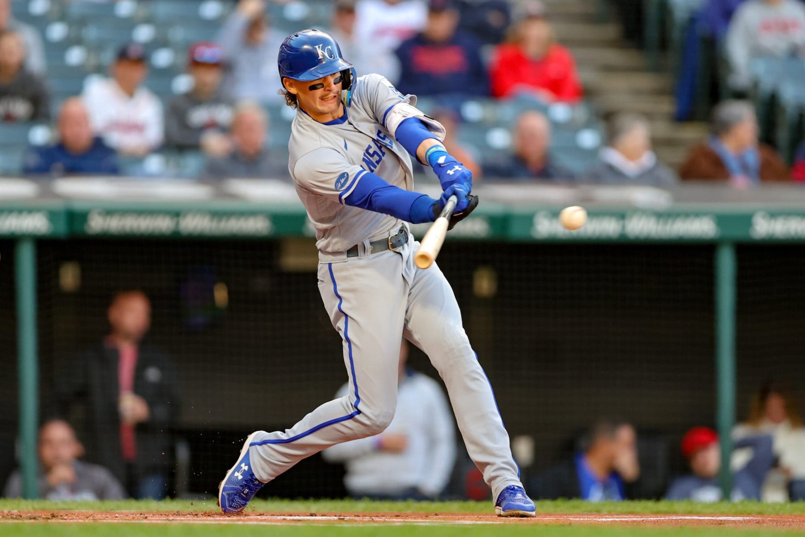 CLEVELAND, OH - OCTOBER 04: Kansas City Royals shortstop Bobby Witt Jr. (7) singles during the first inning of the Major League Baseball game between the Kansas City Royals and Cleveland Guardians on October 4, 2022, at Progressive Field in Cleveland, OH. (Photo by Frank Jansky/Icon Sportswire via Getty Images)