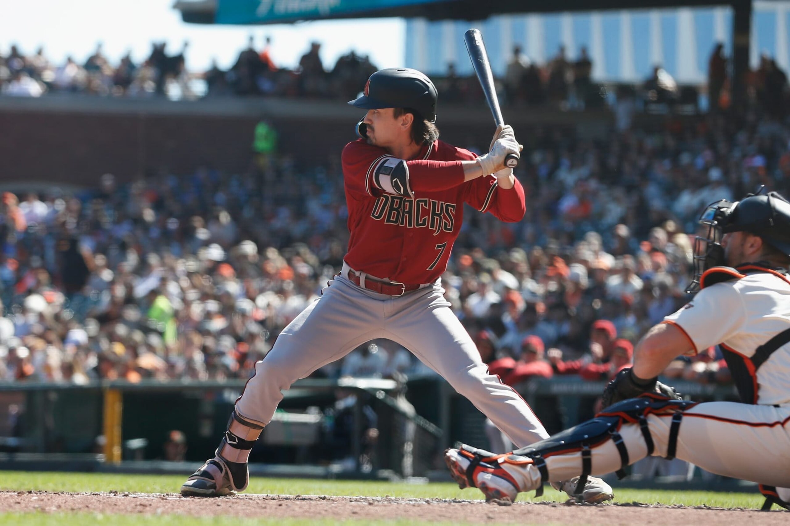 SAN FRANCISCO, CALIFORNIA - OCTOBER 02: Corbin Carroll #7 of the Arizona Diamondbacks at bat against the San Francisco Giants at Oracle Park on October 02, 2022 in San Francisco, California. (Photo by Lachlan Cunningham/Getty Images)