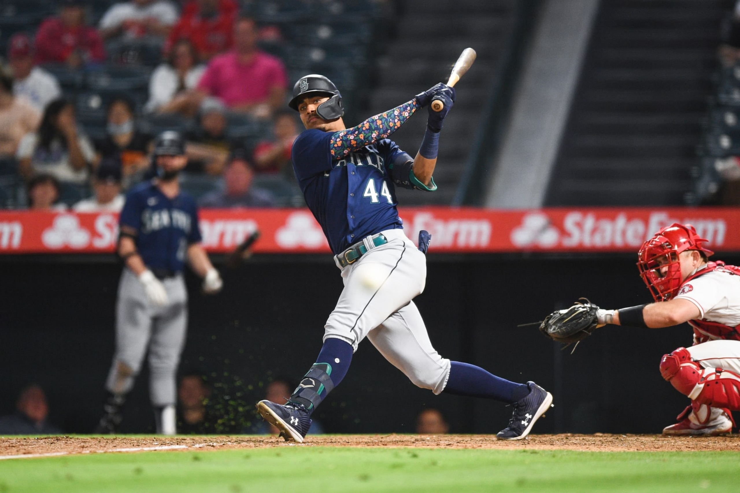 ANAHEIM, CA - JUNE 24: Seattle Mariners center fielder Julio Rodriguez (44) swings at a pitch during the MLB game between the Seattle Mariners and the Los Angeles Angels of Anaheim on June 24, 2022 at Angel Stadium of Anaheim in Anaheim, CA. (Photo by Brian Rothmuller/Icon Sportswire via Getty Images)