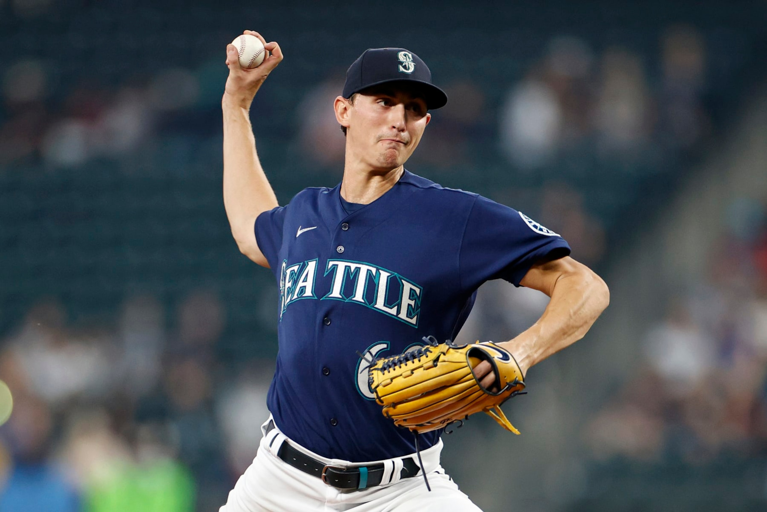 SEATTLE, WASHINGTON - OCTOBER 03: George Kirby #68 of the Seattle Mariners pitches during the first inning against the Detroit Tigers at T-Mobile Park on October 03, 2022 in Seattle, Washington. (Photo by Steph Chambers/Getty Images)