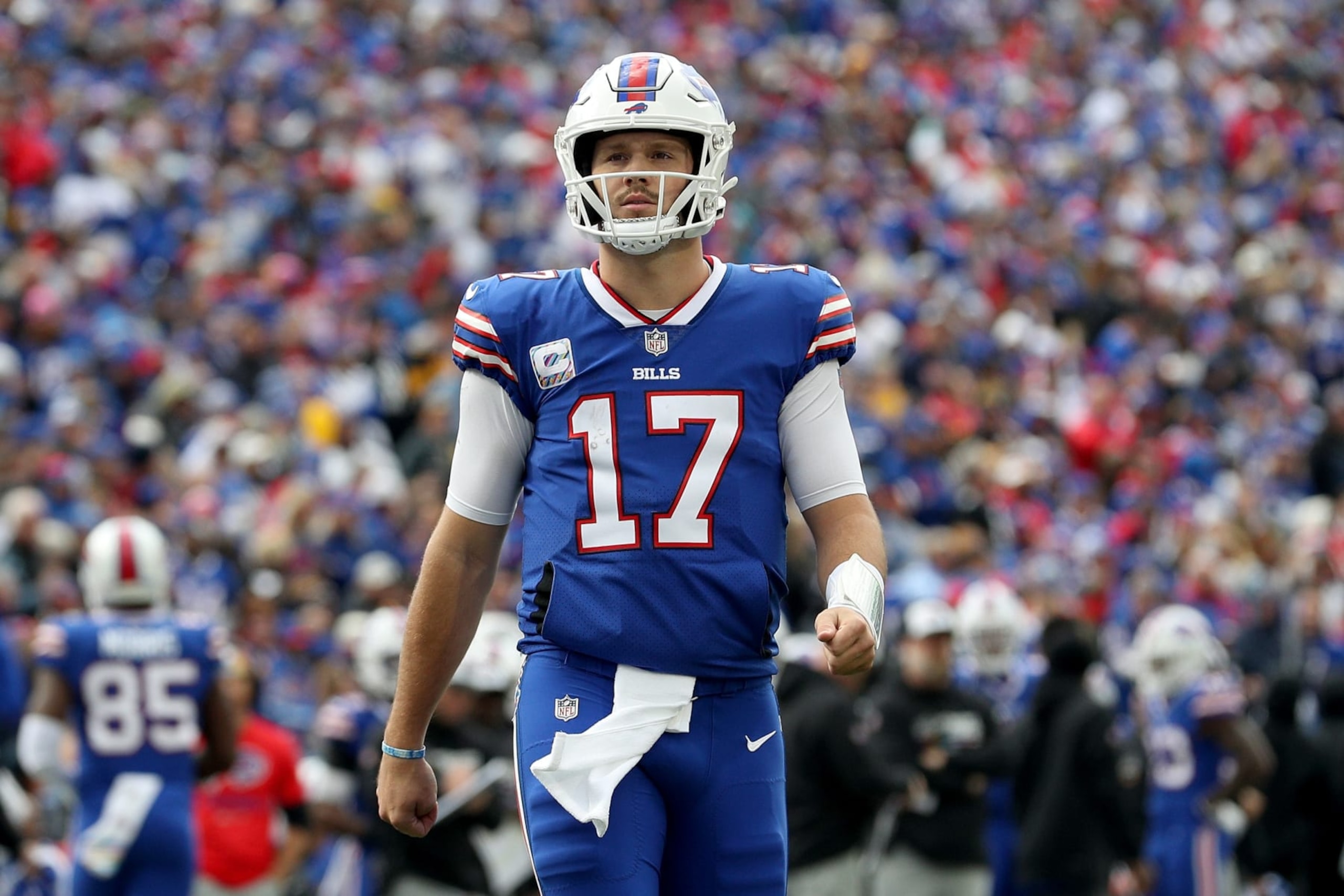ORCHARD PARK, NEW YORK - OCTOBER 09: Josh Allen #17 of the Buffalo Bills walks on to the field against the Pittsburgh Steelers during the first quarter at Highmark Stadium on October 09, 2022 in Orchard Park, New York. (Photo by Bryan M. Bennett/Getty Images)