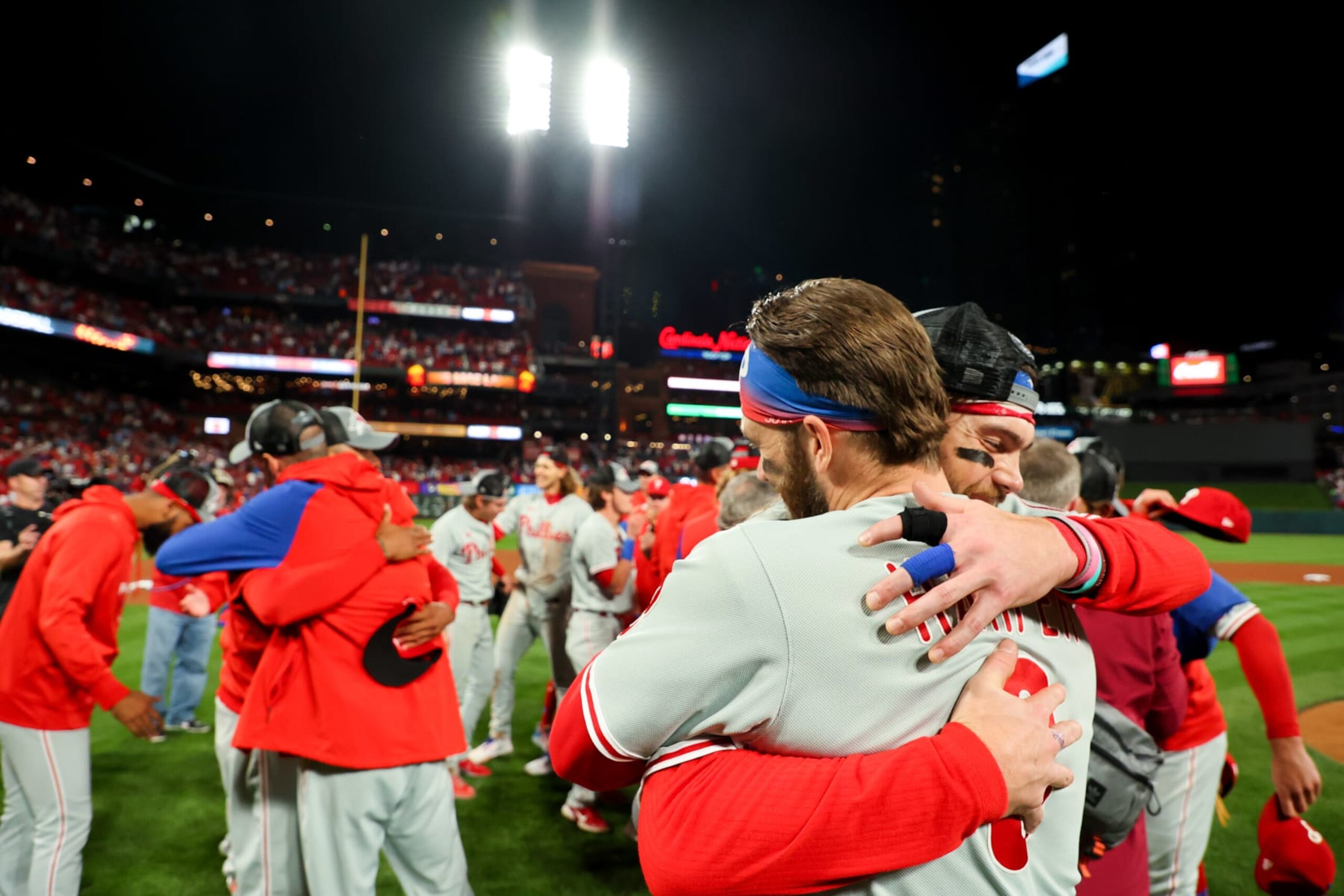 ST. LOUIS, MO - OCTOBER 08:   The Philadelphia Phillies celebrate their Wild Card Series game two win over the St. Louis Cardinals at Busch Stadium on Saturday, October 8, 2022 in St. Louis, Missouri. (Photo by Dilip Vishwanat/MLB Photos via Getty Images)