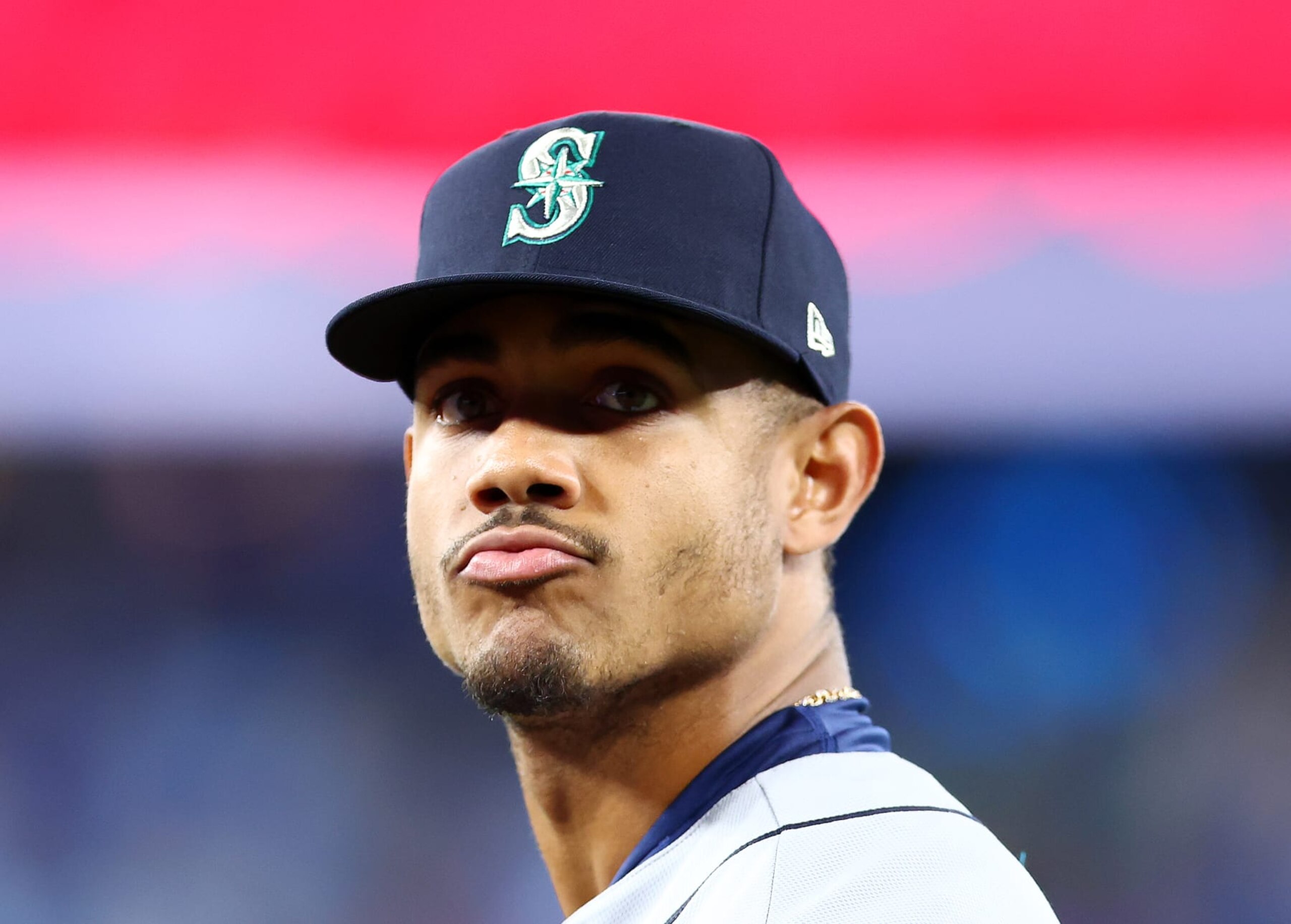 TORONTO, ON - OCTOBER 07:  Julio Rodriguez #44 of the Seattle Mariners looks on prior to Game One of the AL Wild Card series against the Toronto Blue Jays at Rogers Centre on October 7, 2022 in Toronto, Ontario, Canada.  (Photo by Vaughn Ridley/Getty Images)