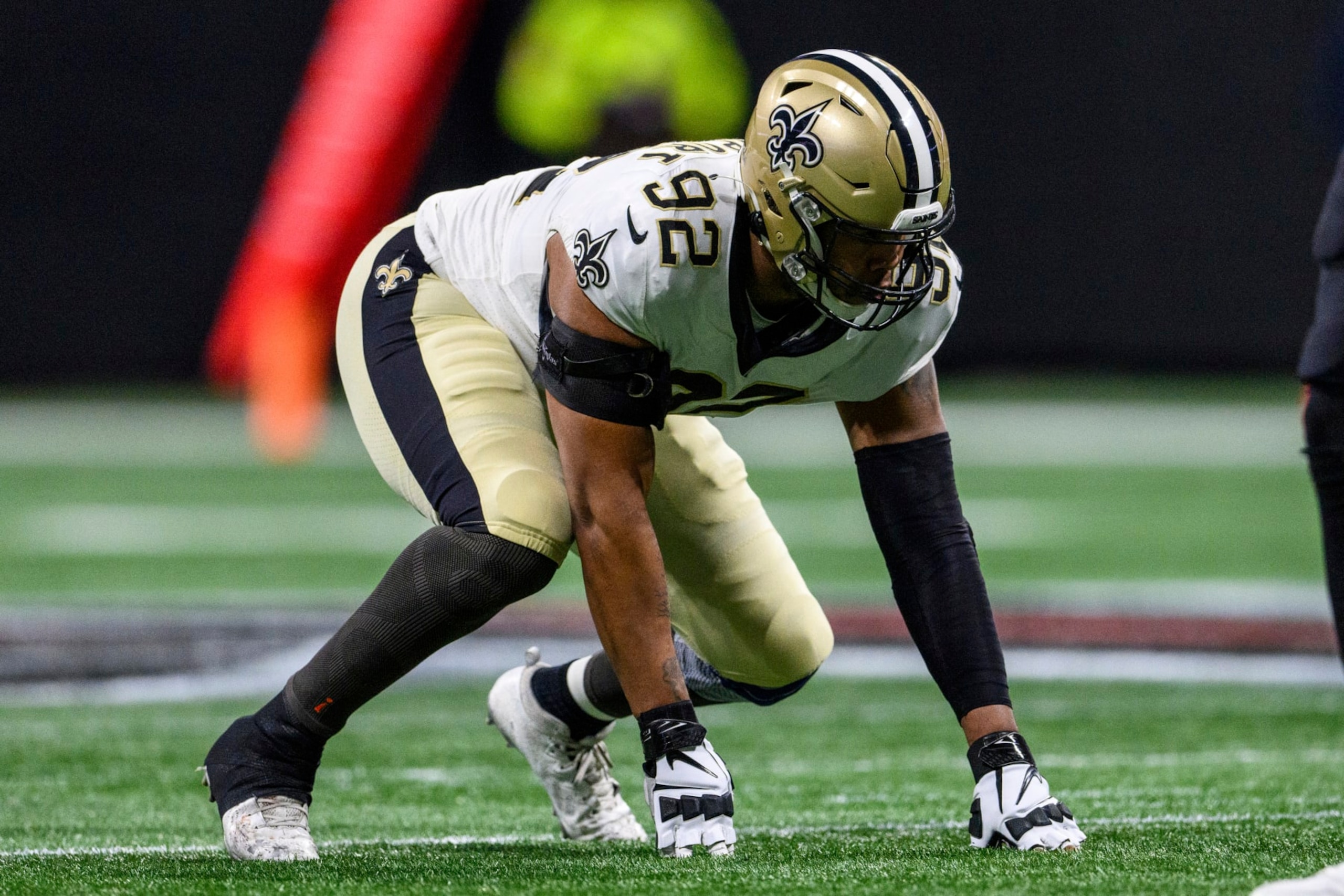 New Orleans Saints defensive end Marcus Davenport (92) lines up during the first half of an NFL football game against the Atlanta Falcons, Sunday, Jan. 9, 2022, in Atlanta. The New Orleans Saints won 30-20. (AP Photo/Danny Karnik)