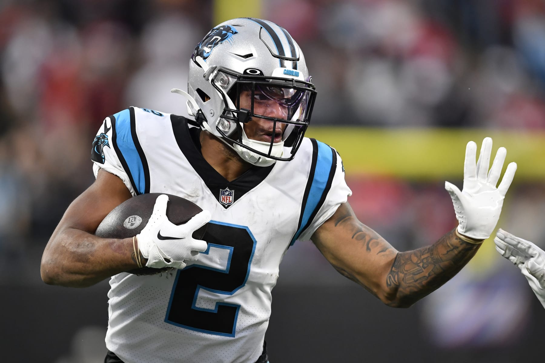 CHARLOTTE, NORTH CAROLINA - OCTOBER 09: DJ Moore #2 of the Carolina Panthers runs with the ball during the second half in the game against the San Francisco 49ers at Bank of America Stadium on October 09, 2022 in Charlotte, North Carolina. (Photo by Mike Comer/Getty Images)