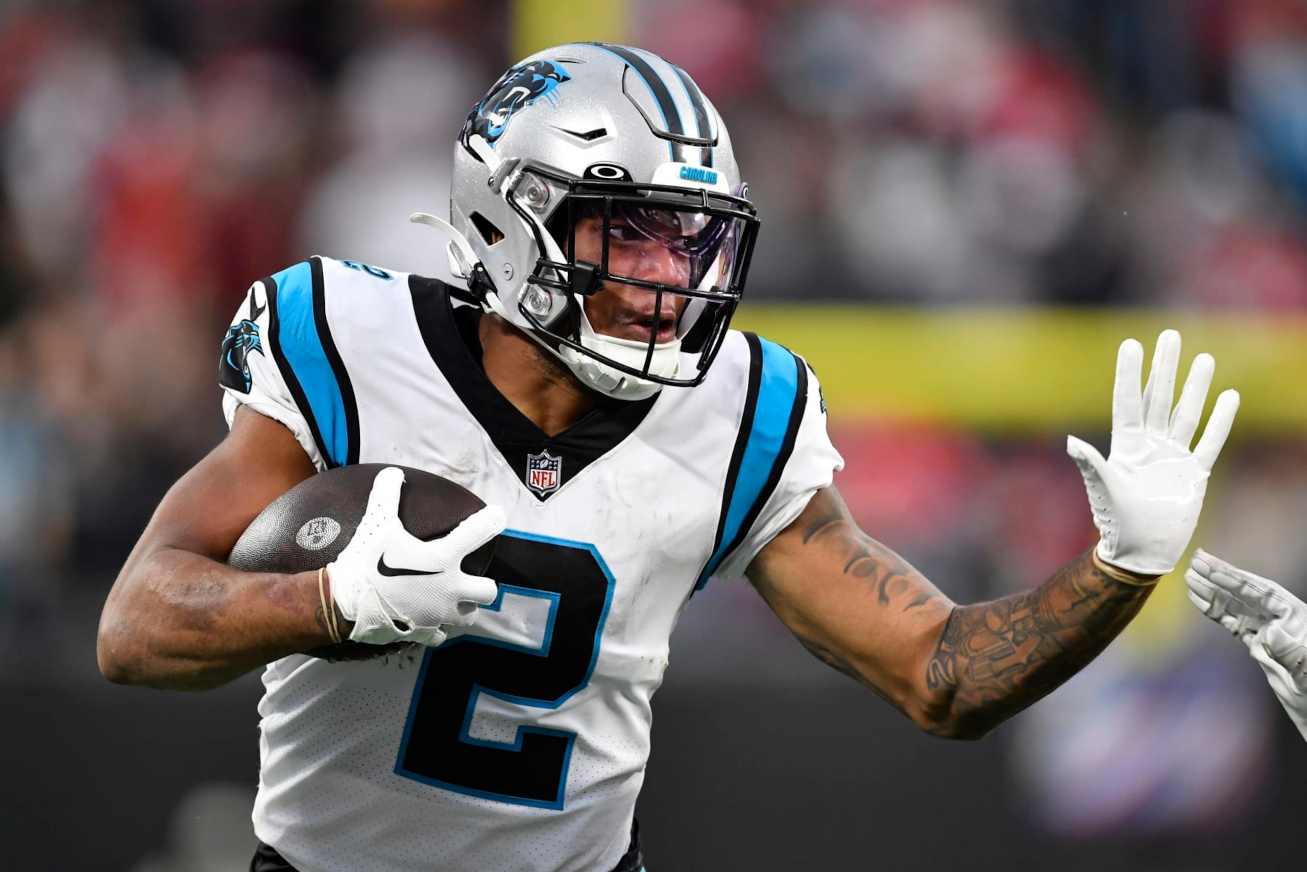 CHARLOTTE, NORTH CAROLINA - OCTOBER 09: DJ Moore #2 of the Carolina Panthers runs with the ball during the second half in the game against the San Francisco 49ers at Bank of America Stadium on October 09, 2022 in Charlotte, North Carolina. (Photo by Mike Comer/Getty Images)