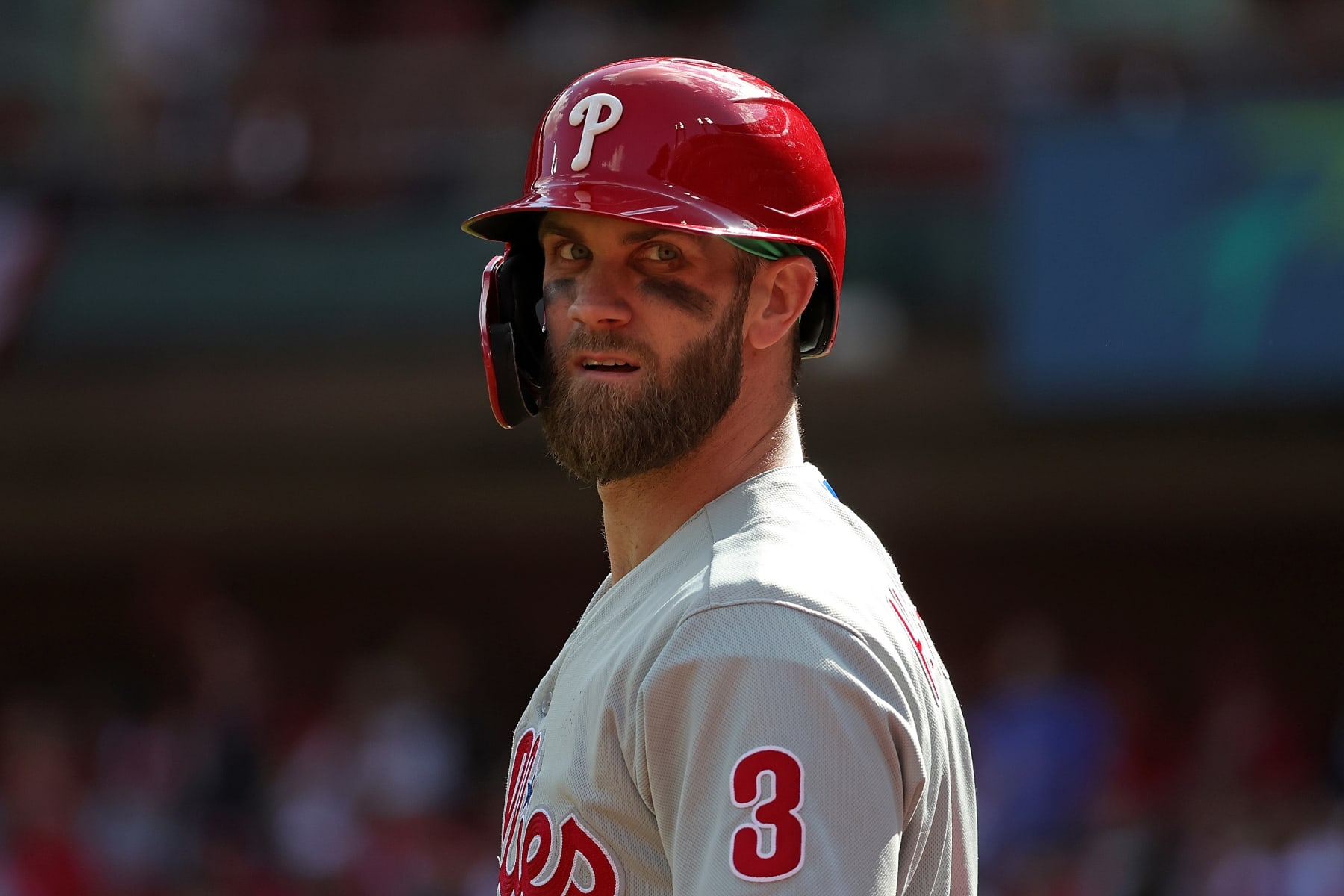 ST LOUIS, MISSOURI - OCTOBER 07: Bryce Harper #3 of the Philadelphia Phillies in the on deck circle during Game One of the NL Wild Card series against the St. Louis Cardinals at Busch Stadium on October 07, 2022 in St Louis, Missouri.  The Phillies defeated the Cardinals 6-3. (Photo by Stacy Revere/Getty Images)