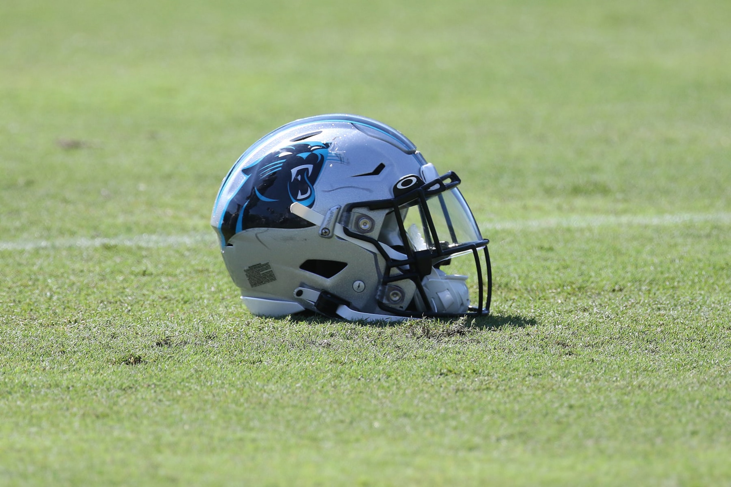 SPARTANBURG, SC - AUGUST 09: A Panthers helmet on the field during the Carolina Panthers training camp on August 09, 2022, at Wofford College in Spartanburg, SC. (Photo by John Byrum/Icon Sportswire via Getty Images)
