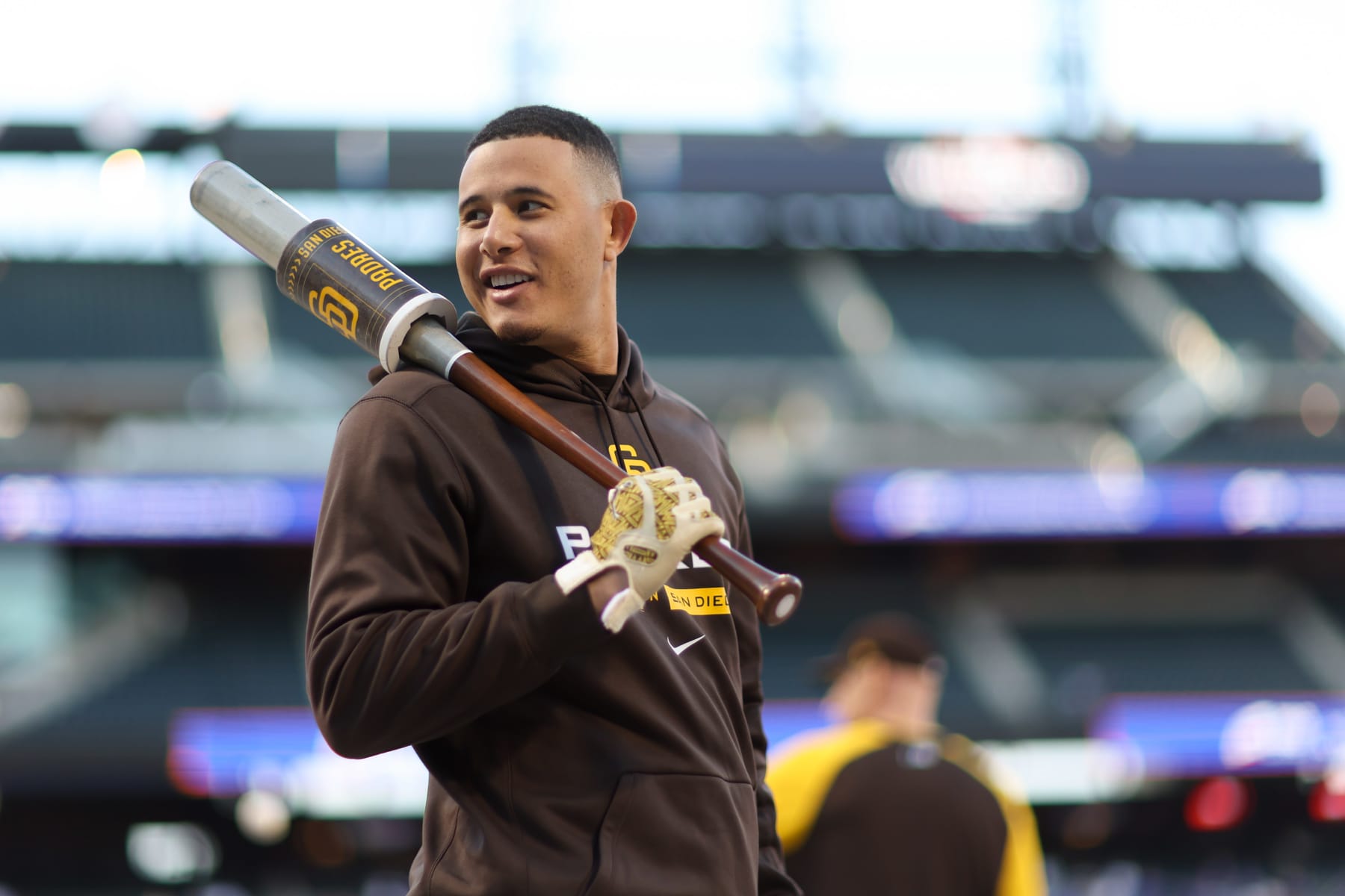 NEW YORK, NY - OCTOBER 09:   Manny Machado #13 of the San Diego Padres looks on during warm up before the Wild Card Series game between the San Diego Padres and the New York Mets at Citi Field on Sunday, October 9, 2022 in New York, New York. (Photo by Rob Tringali/MLB Photos via Getty Images)