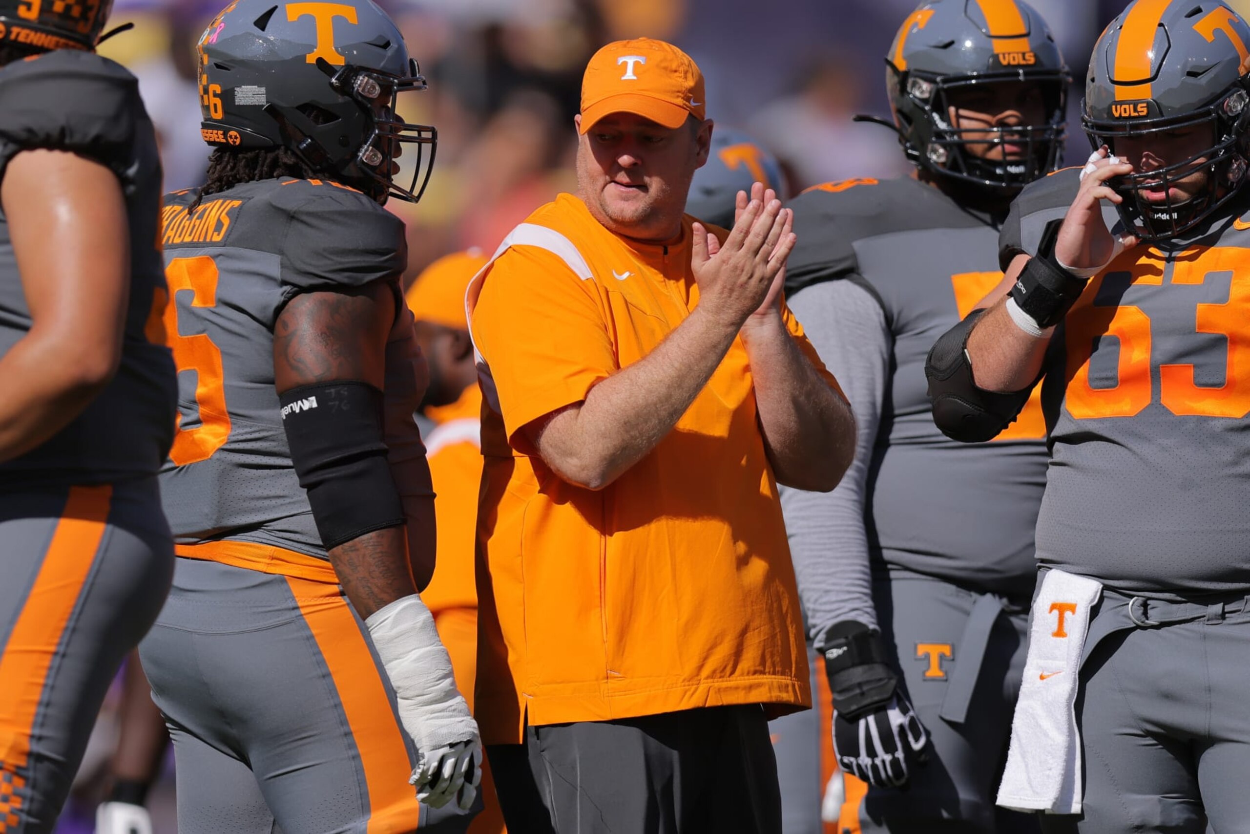 BATON ROUGE, LOUISIANA - OCTOBER 08: Head coach Josh Heupel of the Tennessee Volunteers reacts before a game against the LSU Tigers at Tiger Stadium on October 08, 2022 in Baton Rouge, Louisiana. (Photo by Jonathan Bachman/Getty Images)