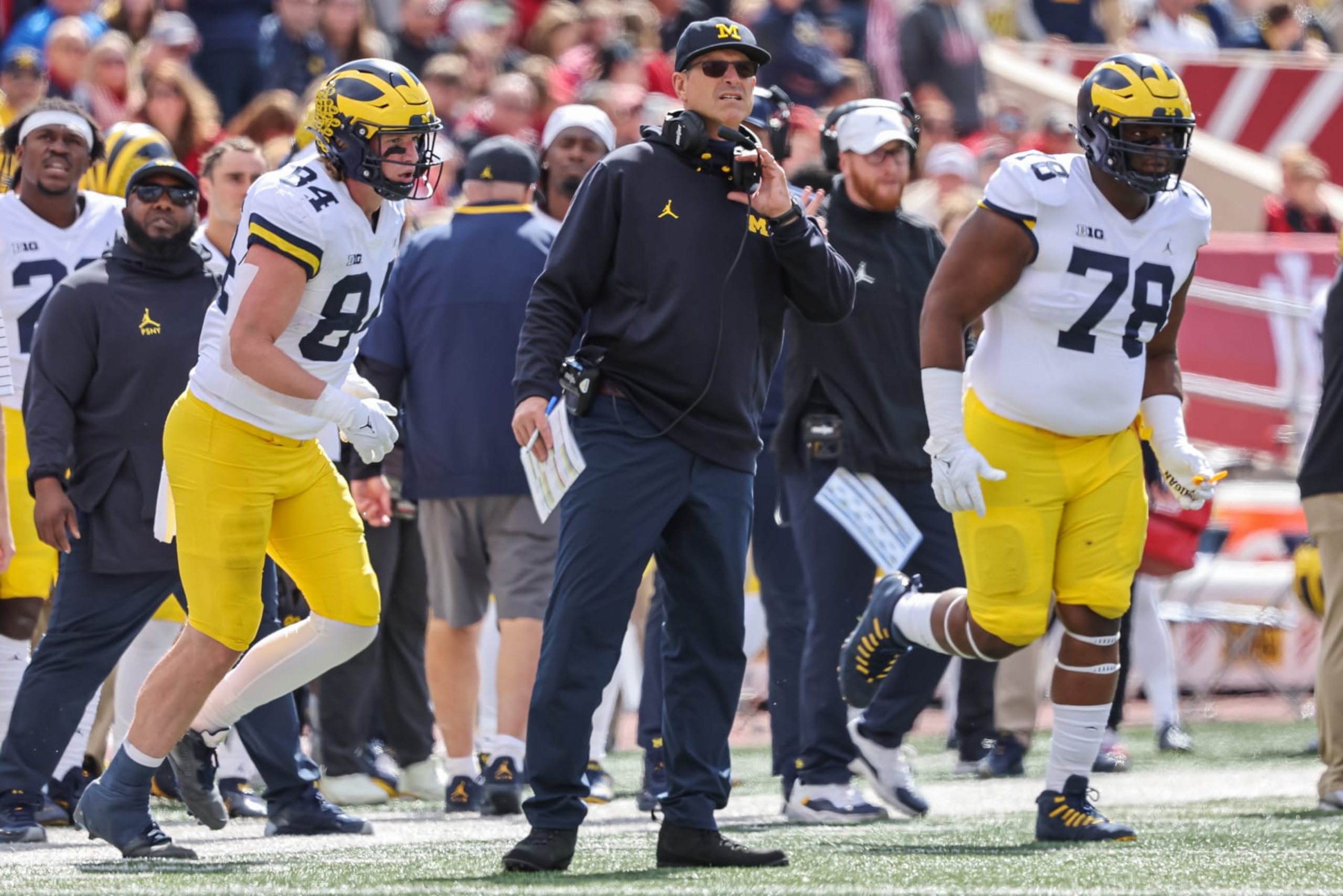 BLOOMINGTON, IN - OCTOBER 08: Head coach Jim Harbaugh of the Michigan Wolverines is seen during the game against the Indiana Hoosiers at Memorial Stadium on October 8, 2022 in Bloomington, Indiana. (Photo by Michael Hickey/Getty Images)