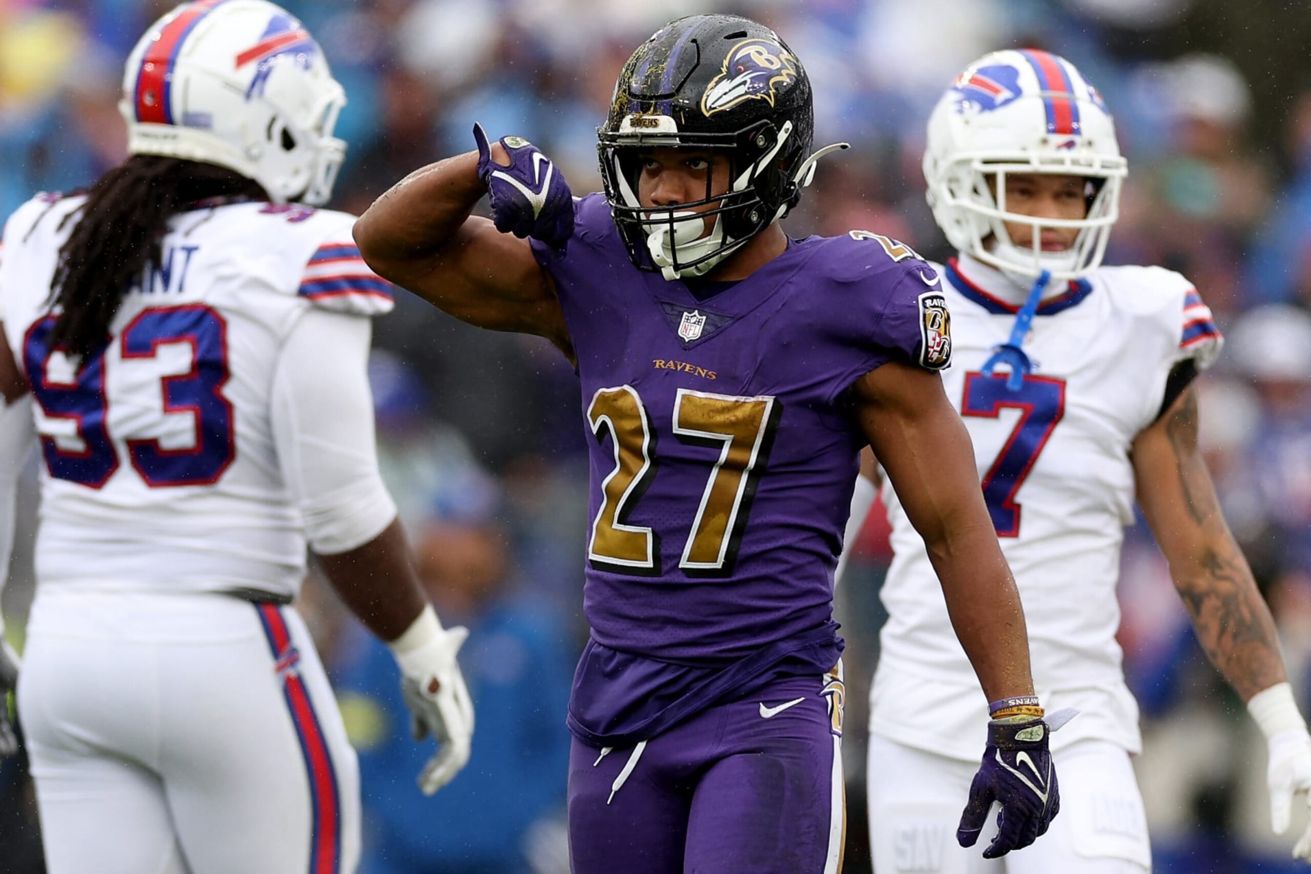 BALTIMORE, MARYLAND - OCTOBER 02: J.K. Dobbins #27 of the Baltimore Ravens reacts in the second quarter against the Buffalo Bills at M&T Bank Stadium on October 02, 2022 in Baltimore, Maryland. (Photo by Patrick Smith/Getty Images)