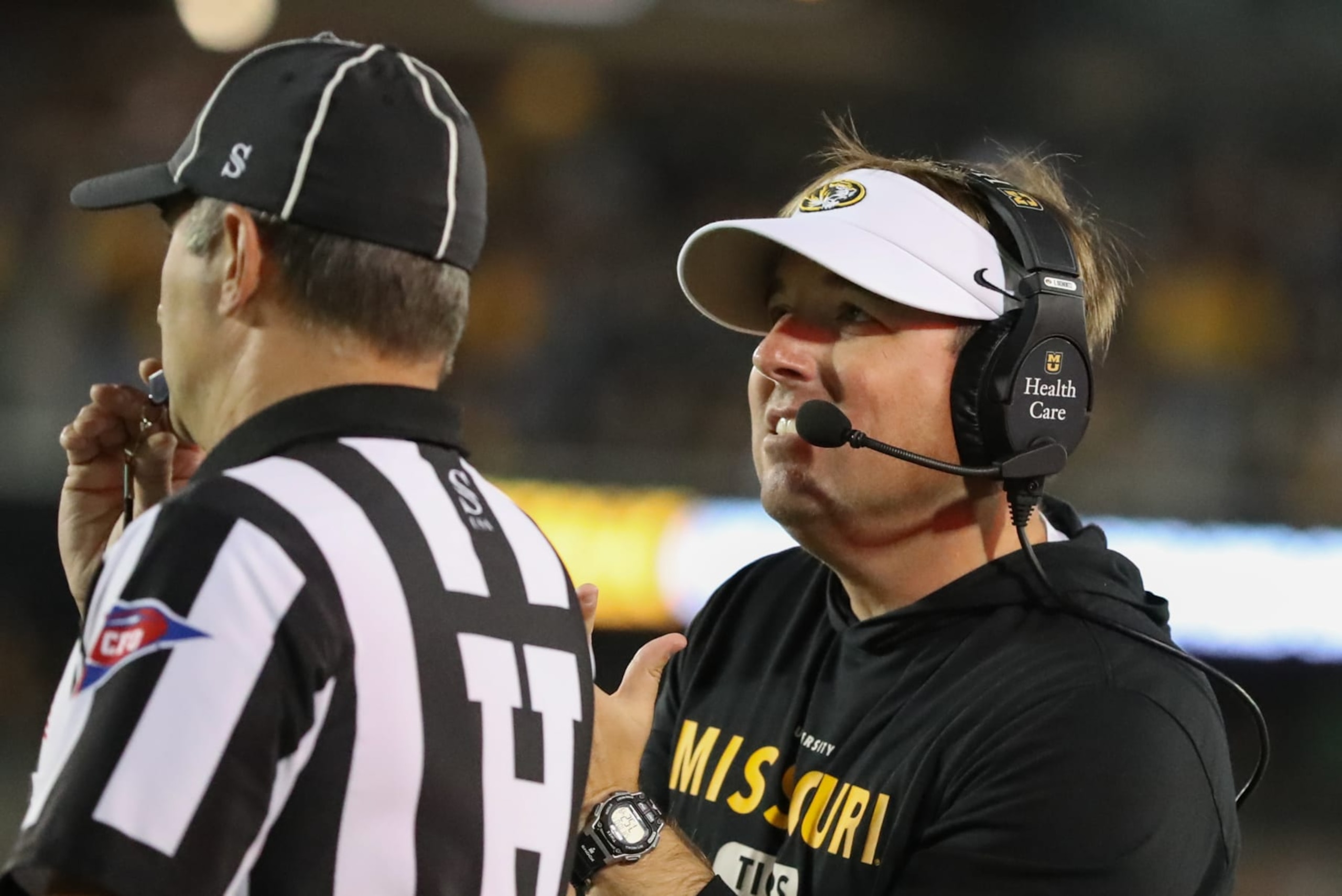 COLUMBIA, MO - OCTOBER 01: Missouri Tigers head coach Eli Drinkwitz calls a timeout in the second quarter of an SEC game between the Georgia Bulldogs and Missouri Tigers on October 1, 2022 at Memorial Stadium at Faurot Field in Columbia, MO.  Photo by Scott Winters/Icon Sportswire via Getty Images)