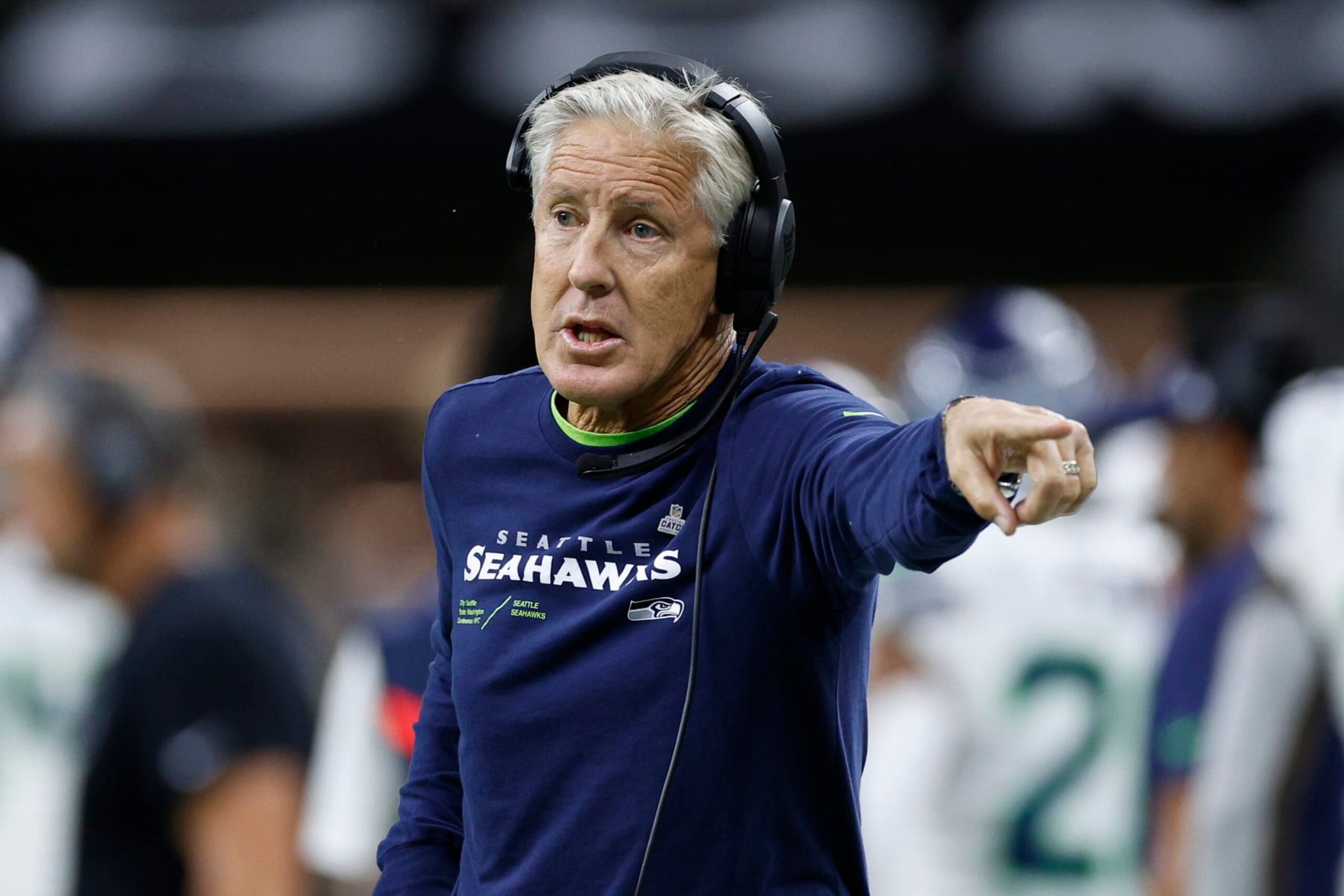 NEW ORLEANS, LOUISIANA - OCTOBER 09: Head coach Pete Carroll of the Seattle Seahawks looks on during the first quarter of the game against the New Orleans Saints at Caesars Superdome on October 09, 2022 in New Orleans, Louisiana. (Photo by Chris Graythen/Getty Images)