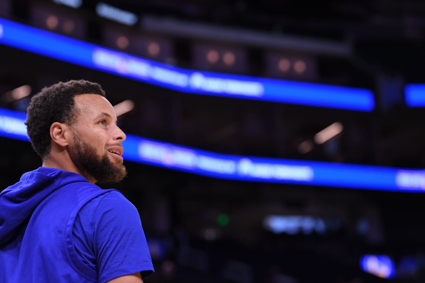 SAN FRANCISCO, CA - OCTOBER 9: Stephen Curry #30 of the Golden State Warriors looks on during the game against the Los Angeles Lakers  on October 9, 2022 at Chase Center in San Francisco, California. NOTE TO USER: User expressly acknowledges and agrees that, by downloading and or using this photograph, user is consenting to the terms and conditions of Getty Images License Agreement. Mandatory Copyright Notice: Copyright 2022 NBAE (Photo by Noah Graham/NBAE via Getty Images)
