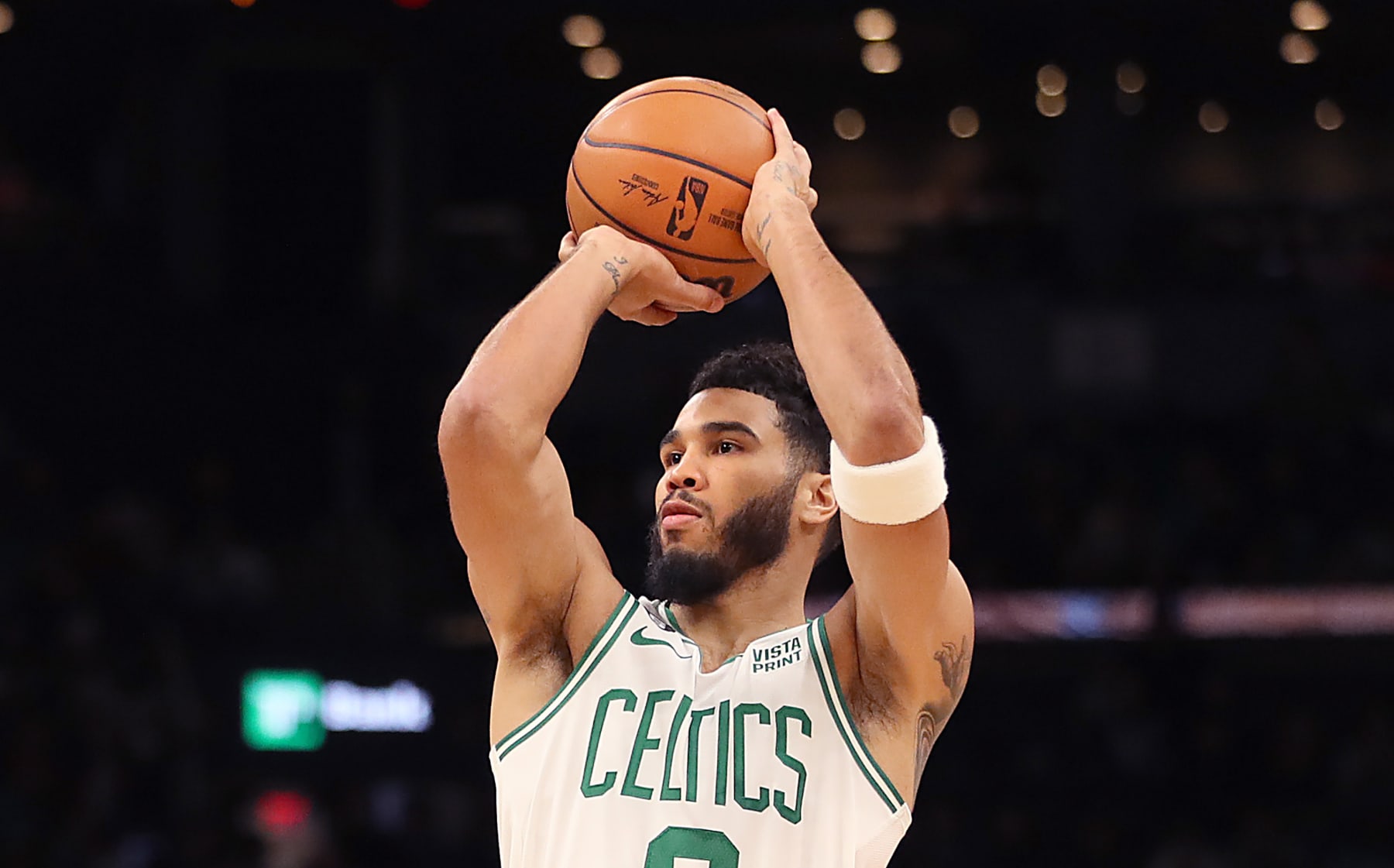 Boston, MA - October 5: Boston Celtics SF Jayson Tatum fires off a 1st quarter shot. The Celtics lost to the Toronto Raptors, 125-119. (Photo by John Tlumacki/The Boston Globe via Getty Images)