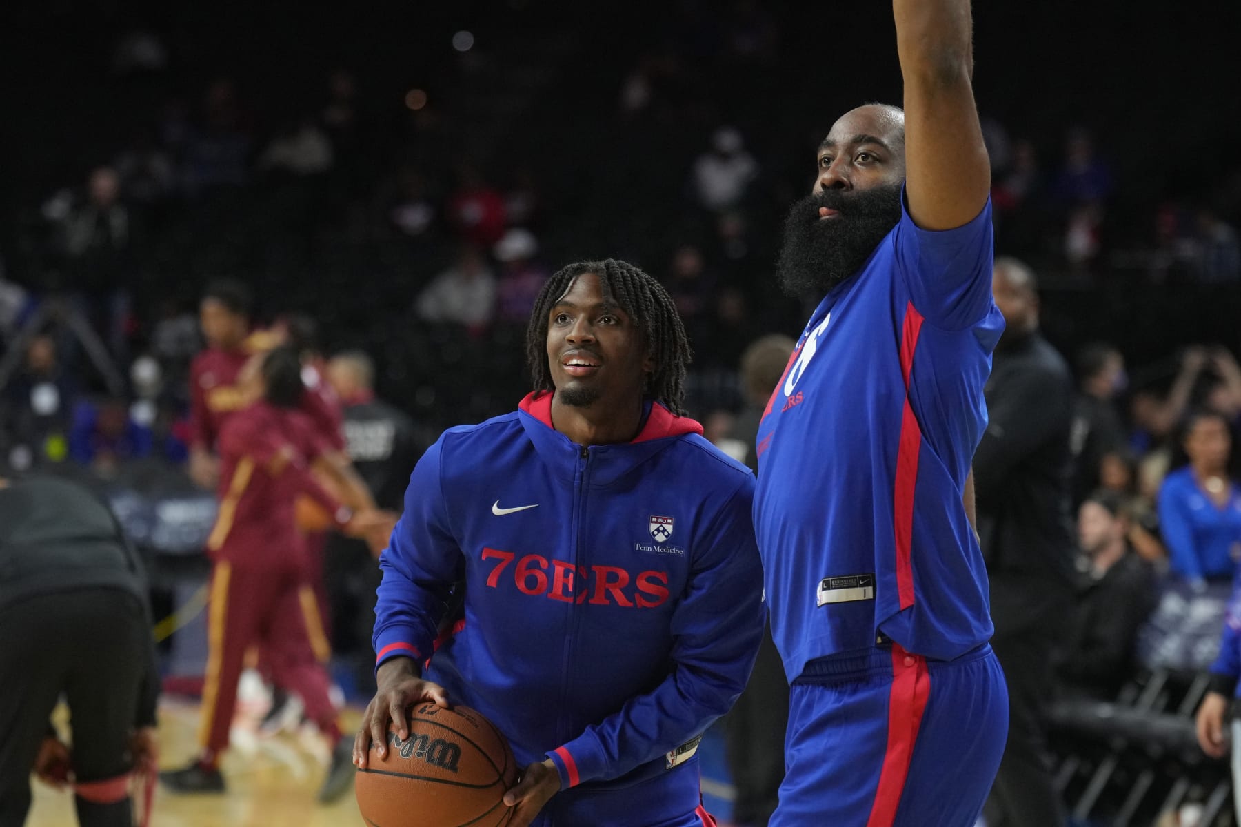PHILADELPHIA, PA - OCTOBER 5: Tyrese Maxey #0 and James Harden #1 of the Philadelphia 76ers before a preseason game against the Cleveland Cavaliers on October 5, 2022 at the Wells Fargo Center in Philadelphia, Pennsylvania NOTE TO USER: User expressly acknowledges and agrees that, by downloading and/or using this Photograph, user is consenting to the terms and conditions of the Getty Images License Agreement. Mandatory Copyright Notice: Copyright 2022 NBAE (Photo by Jesse D. Garrabrant/NBAE via Getty Images)