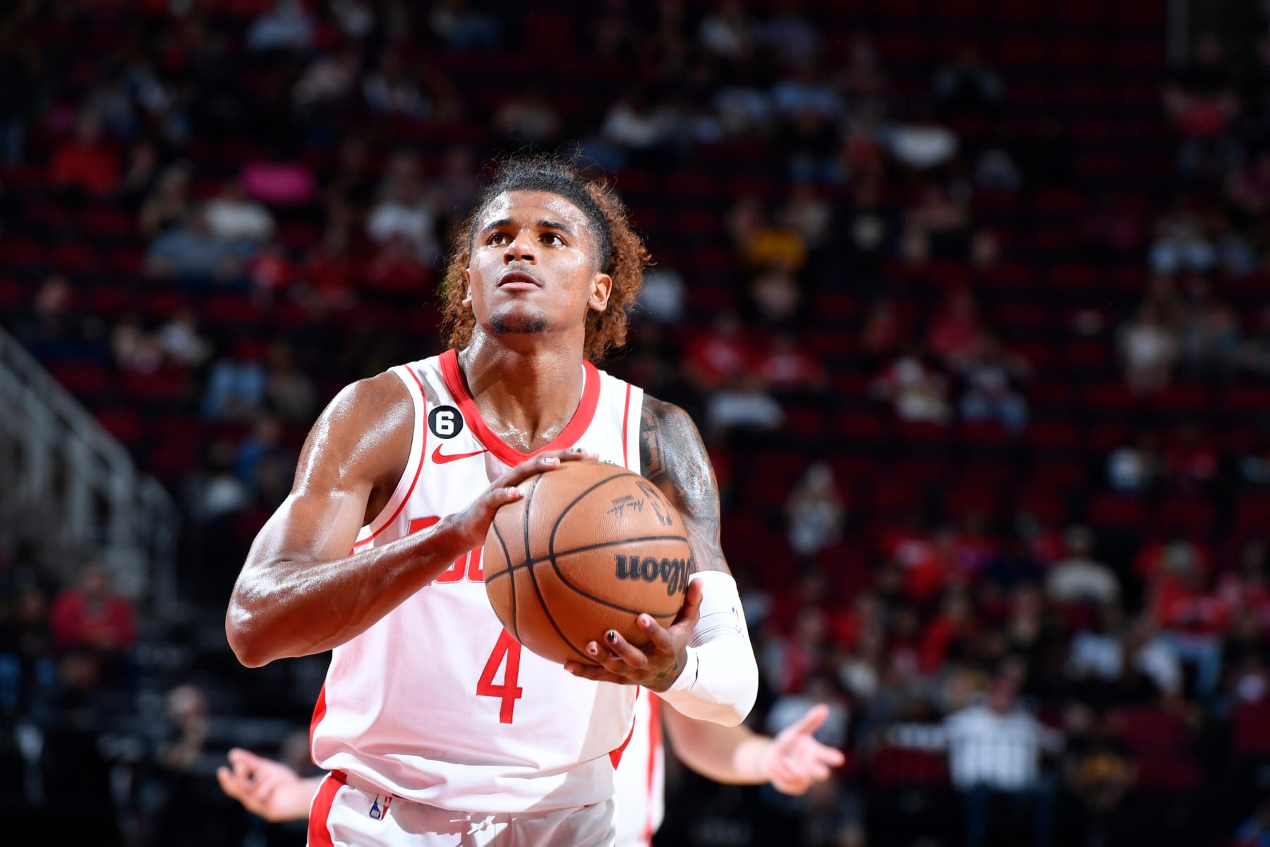 HOUSTON, TX - OCTOBER 7: Jalen Green #4 of the Houston Rockets shoots the ball during the game against the Toronto Raptors on October 7, 2022 at the Toyota Center in Houston, Texas. NOTE TO USER: User expressly acknowledges and agrees that, by downloading and or using this photograph, User is consenting to the terms and conditions of the Getty Images License Agreement. Mandatory Copyright Notice: Copyright 2022 NBAE (Photo by Logan Riely/NBAE via Getty Images) HOUSTON, TX - OCTOBER 7: Jalen Green #4 of the Houston Rockets shoots the ball during the game against the Toronto Raptors on October 7, 2022 at the Toyota Center in Houston, Texas. NOTE TO USER: User expressly acknowledges and agrees that, by downloading and or using this photograph, User is consenting to the terms and conditions of the Getty Images License Agreement. Mandatory Copyright Notice: Copyright 2022 NBAE (Photo by Logan Riely/NBAE via Getty Images)