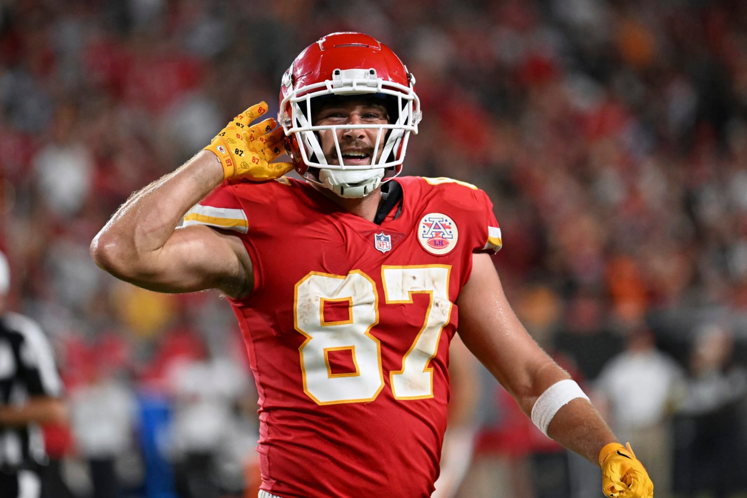 Kansas City Chiefs tight end Travis Kelce (87) celebrates after Noah Gray makes a touchdown during the first half of an NFL football game against the Tampa Bay Buccaneers Sunday, Oct. 2, 2022, in Tampa, Fla. (AP Photo/Jason Behnken)
