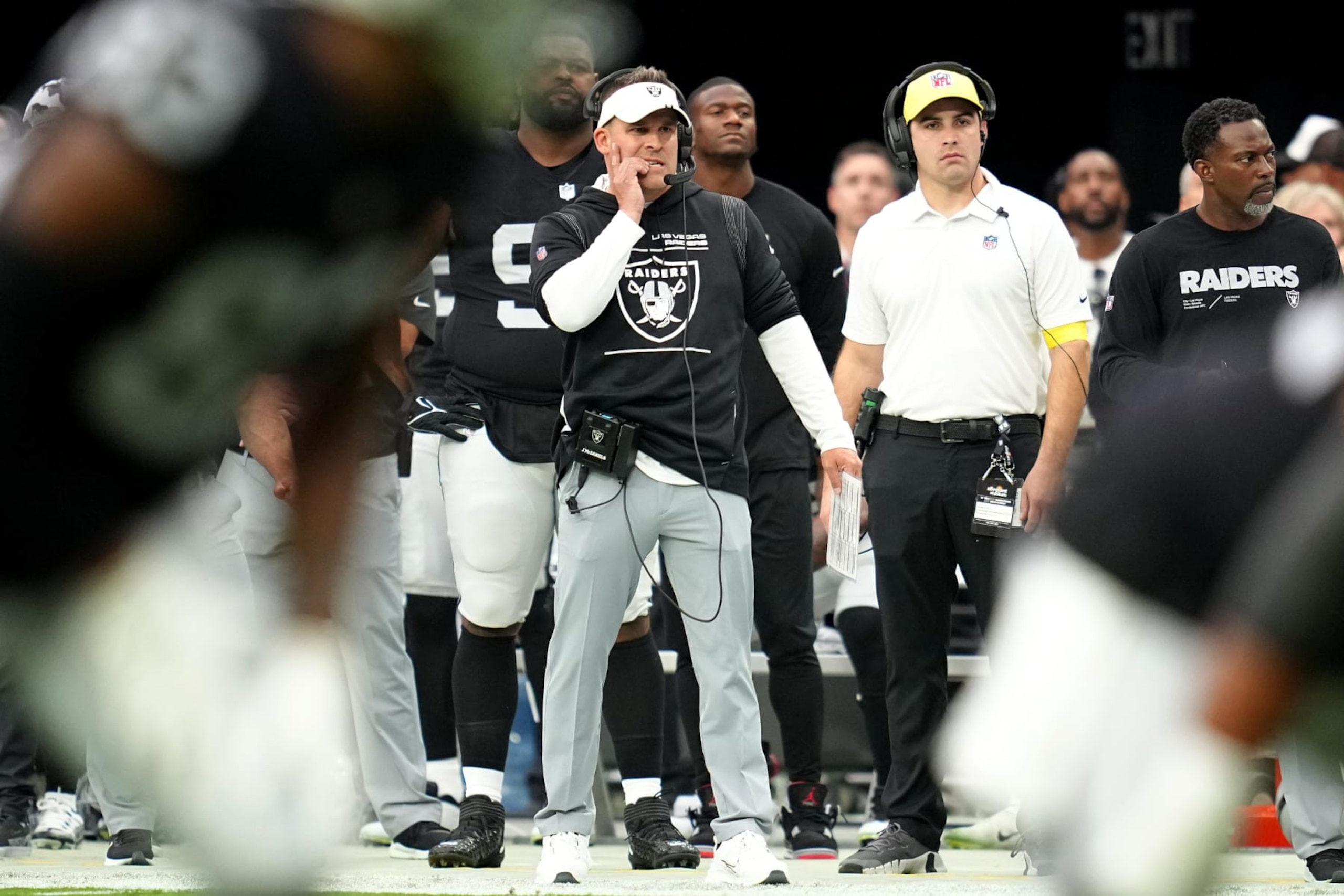 LAS VEGAS, NEVADA - OCTOBER 02: Head coach Josh McDaniels of the Las Vegas Raiders looks on in the first quarter against the Denver Broncos at Allegiant Stadium on October 02, 2022 in Las Vegas, Nevada. (Photo by Jeff Bottari/Getty Images)
