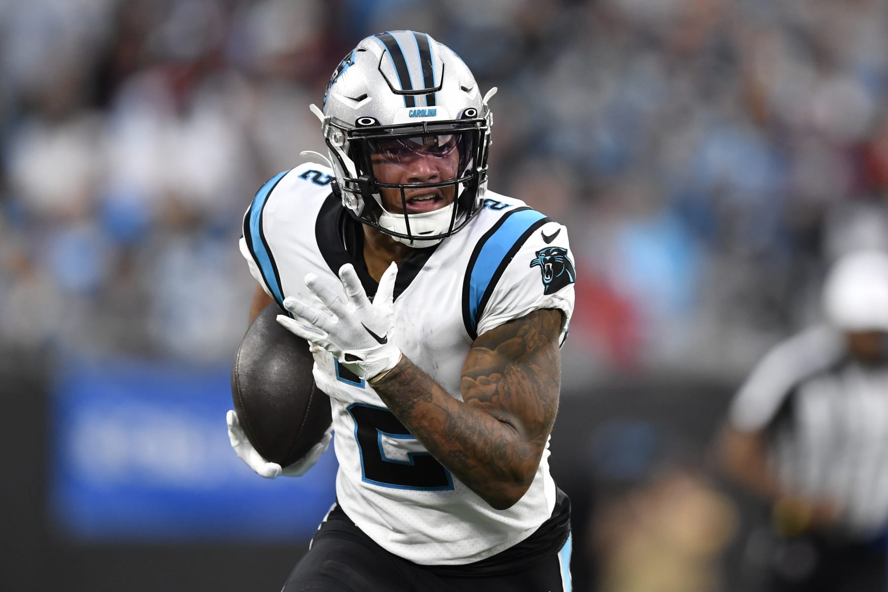 CHARLOTTE, NORTH CAROLINA - OCTOBER 09: DJ Moore #2 of the Carolina Panthers runs with the ball during the second half in the game against the San Francisco 49ers at Bank of America Stadium on October 09, 2022 in Charlotte, North Carolina. (Photo by Mike Comer/Getty Images)