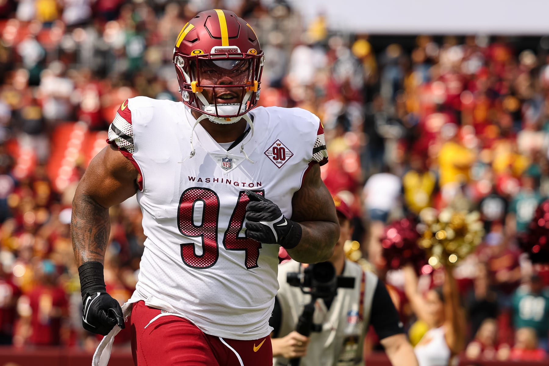 LANDOVER, MD - SEPTEMBER 25: Daron Payne #94 of the Washington Commanders takes the field before the game Philadelphia Eagles at FedExField on September 25, 2022 in Landover, Maryland. (Photo by Scott Taetsch/Getty Images)