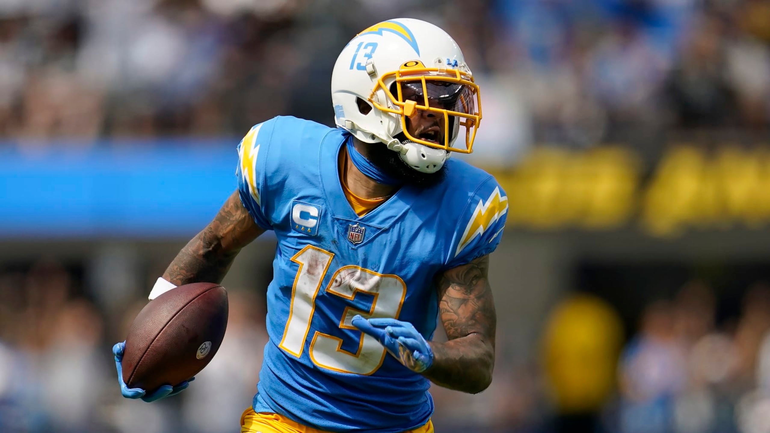 Los Angeles Chargers wide receiver Keenan Allen (13) against the Las Vegas Raiders during an NFL football game in Inglewood, Calif., Sunday, Sept. 11, 2022. (AP Photo/Marcio Jose Sanchez)