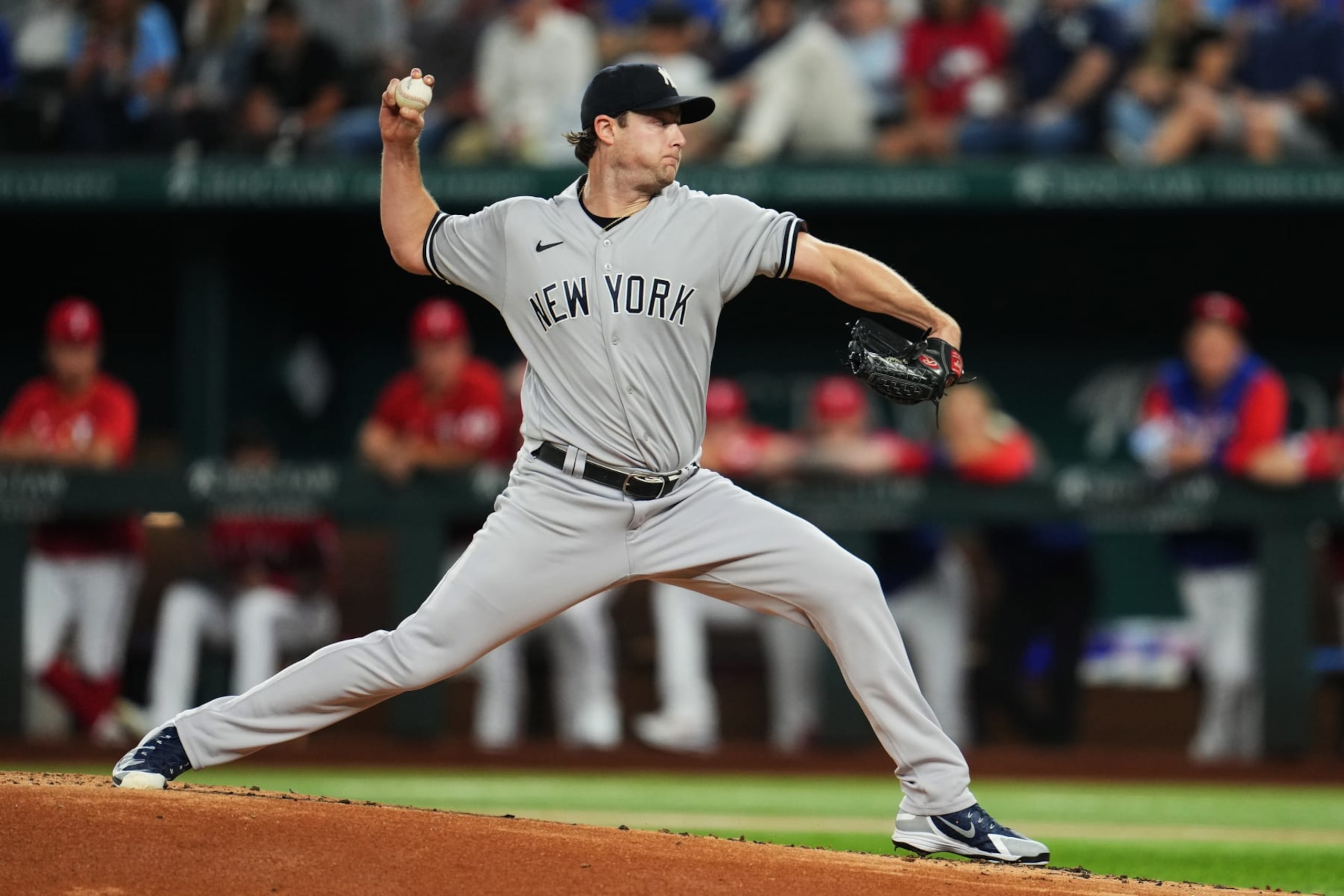 ARLINGTON, TX - OCTOBER 04: Gerrit Cole #45 of the New York Yankees pitches in the first inning during the game between the New York Yankees and the Texas Rangers at Globe Life Field on Tuesday, October 4, 2022 in Arlington, Texas. (Photo by Cooper Neill/MLB Photos via Getty Images)