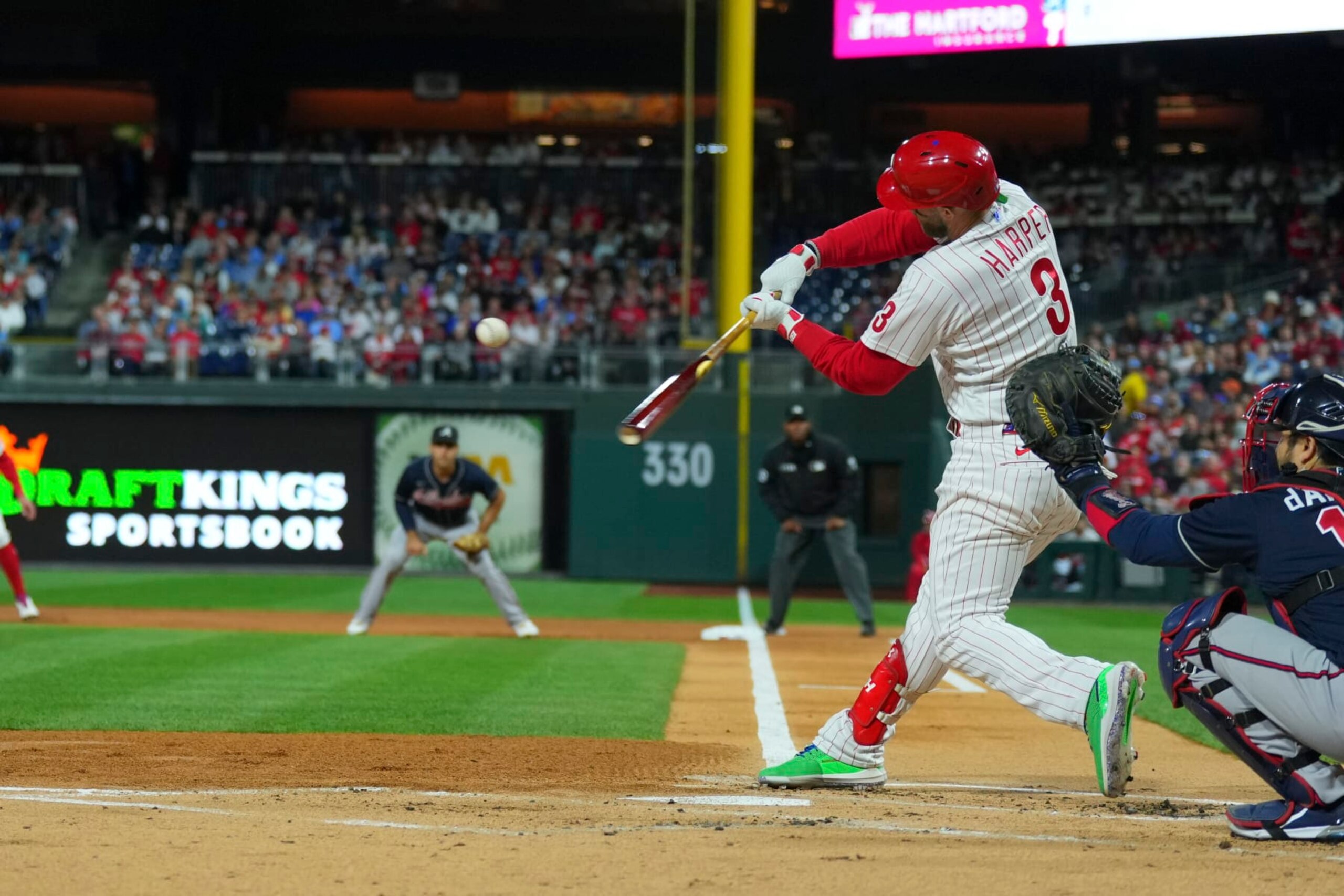PHILADELPHIA, PA - SEPTEMBER 23: Bryce Harper #3 of the Philadelphia Phillies bats against the Atlanta Braves at Citizens Bank Park on September 23, 2022 in Philadelphia, Pennsylvania. The Phillies defeated the Braves 9-1. (Photo by Mitchell Leff/Getty Images)