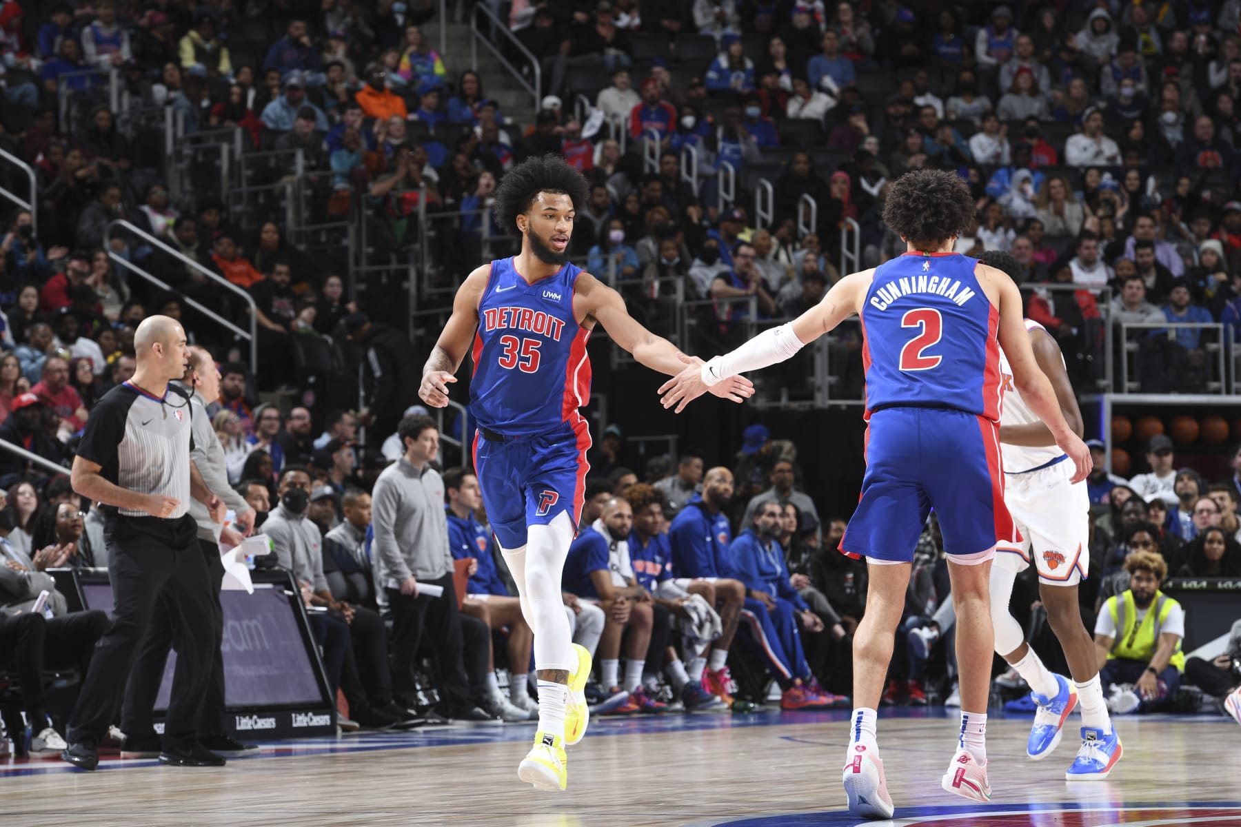 DETROIT, MI - MARCH 27: Marvin Bagley III #35 of the Detroit Pistons high fives Cade Cunningham #2 of the Detroit Pistons during the game against the New York Knicks on March 27, 2022 at Little Caesars Arena in Detroit, Michigan. NOTE TO USER: User expressly acknowledges and agrees that, by downloading and/or using this photograph, User is consenting to the terms and conditions of the Getty Images License Agreement. Mandatory Copyright Notice: Copyright 2022 NBAE (Photo by Chris Schwegler/NBAE via Getty Images) DETROIT, MI - MARCH 27: Marvin Bagley III #35 of the Detroit Pistons high fives Cade Cunningham #2 of the Detroit Pistons during the game against the New York Knicks on March 27, 2022 at Little Caesars Arena in Detroit, Michigan. NOTE TO USER: User expressly acknowledges and agrees that, by downloading and/or using this photograph, User is consenting to the terms and conditions of the Getty Images License Agreement. Mandatory Copyright Notice: Copyright 2022 NBAE (Photo by Chris Schwegler/NBAE via Getty Images)